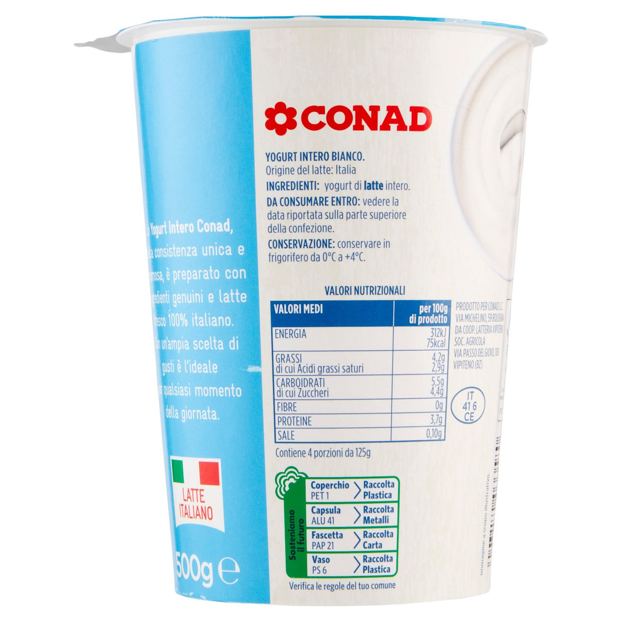 Yogurt Intero Bianco Naturale 500g i Cremosi Conad