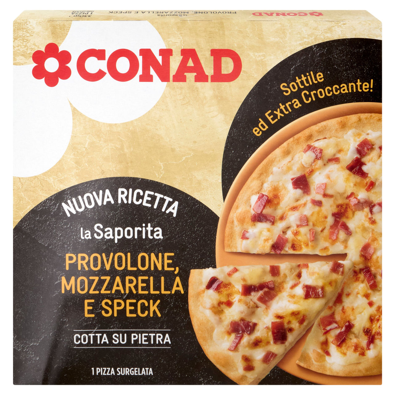 CONAD la Saporita Provolone, Mozzarella e Speck 1 Pizza Surgelata 330 g