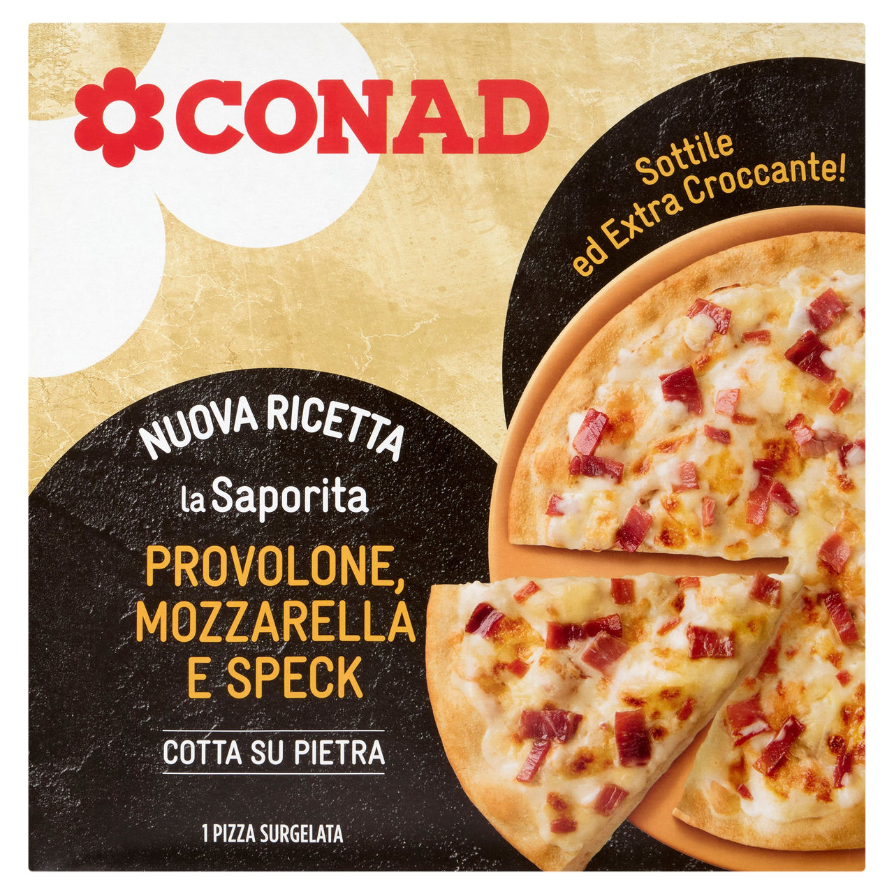 CONAD la Saporita Provolone, Mozzarella e Speck 1 Pizza Surgelata 330 g