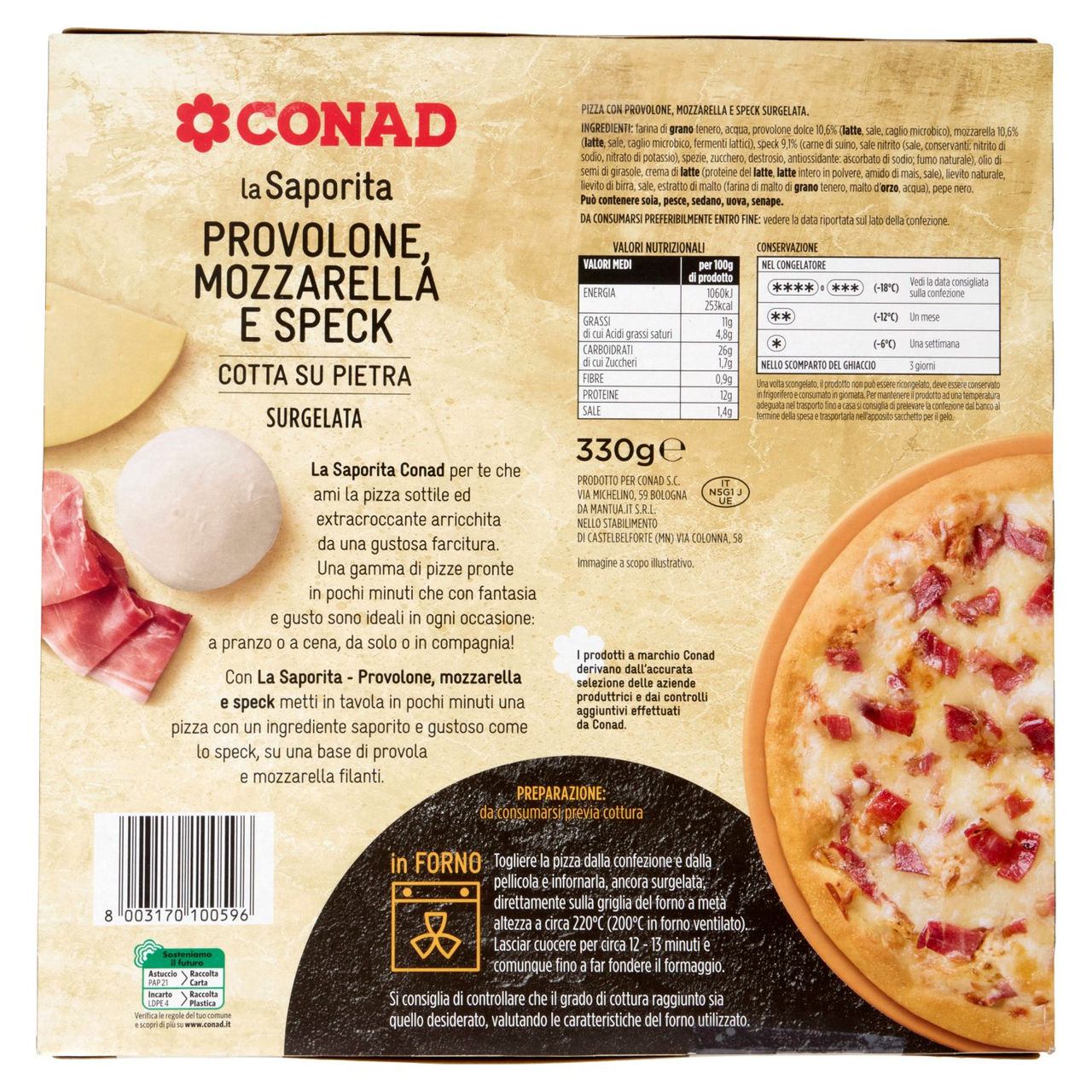 CONAD la Saporita Provolone, Mozzarella e Speck 1 Pizza Surgelata 330 g