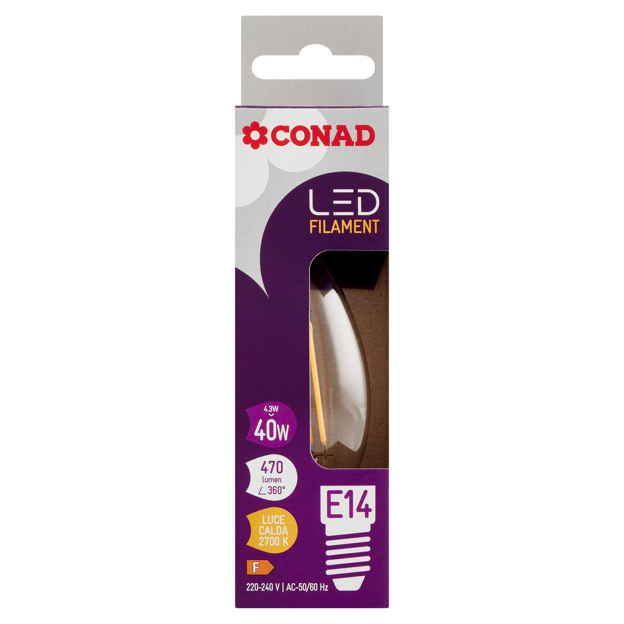 CONAD Led Filament 4.3W 470 Lumen E14 Luce Calda