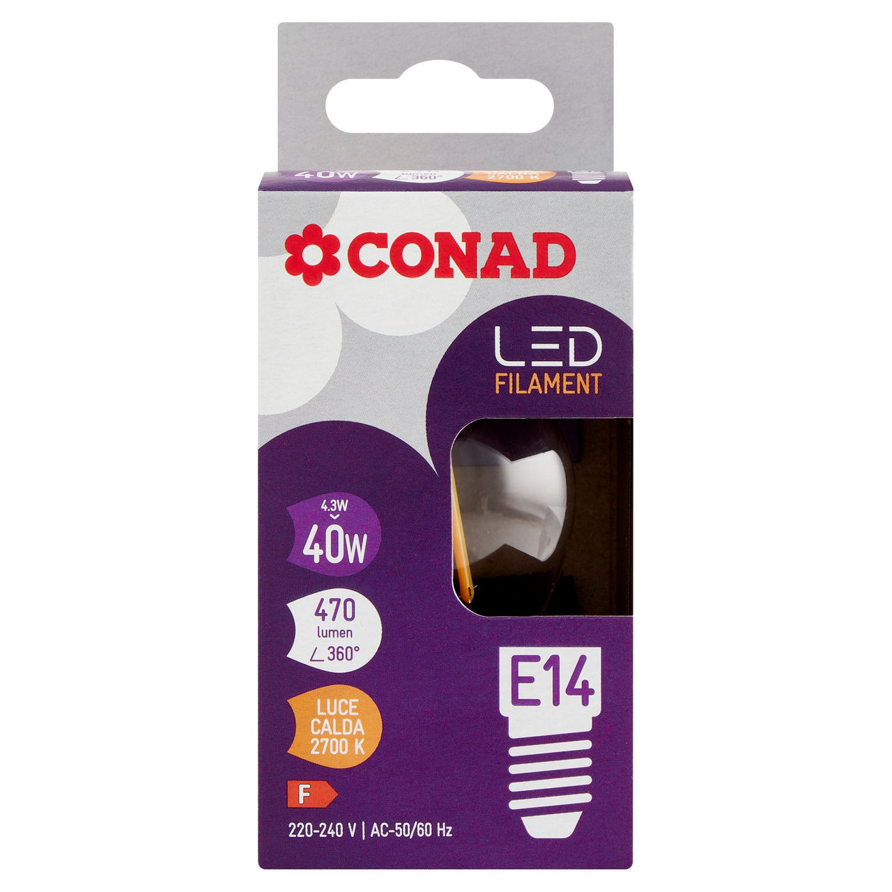 CONAD Led Filament 4.3W 470 Lumen E14 Luce Calda