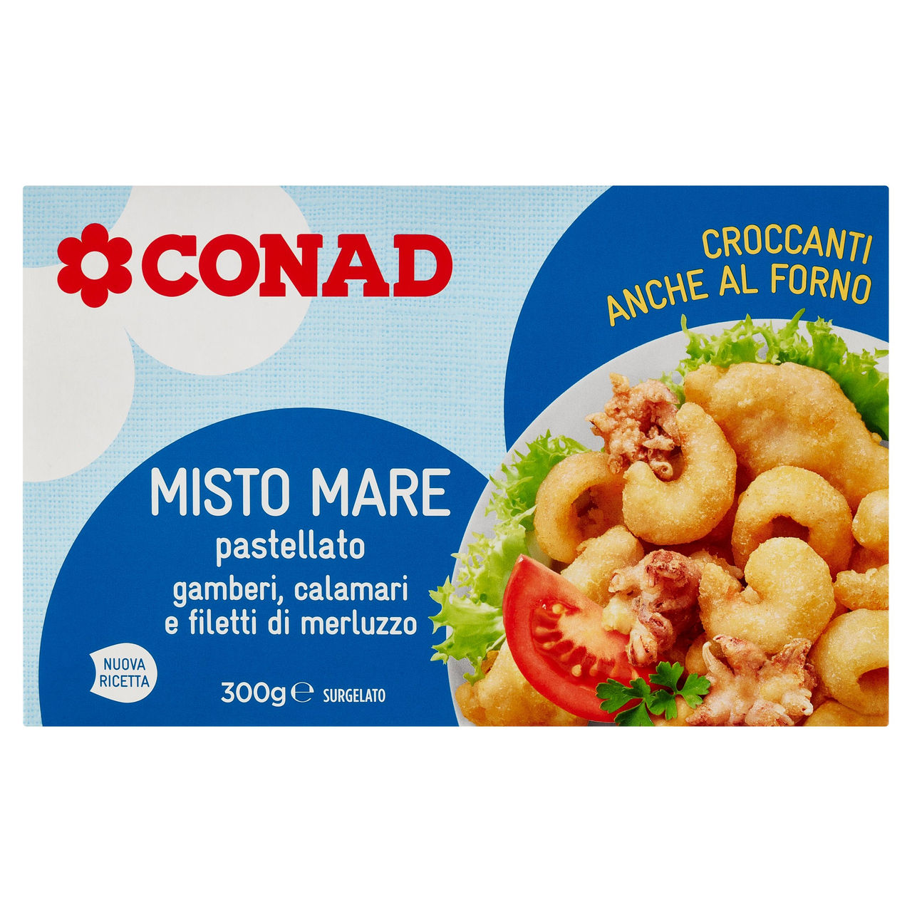 CONAD Misto Mare pastellato gamberi, calamari e filetti di merluzzo Surgelato 300 g