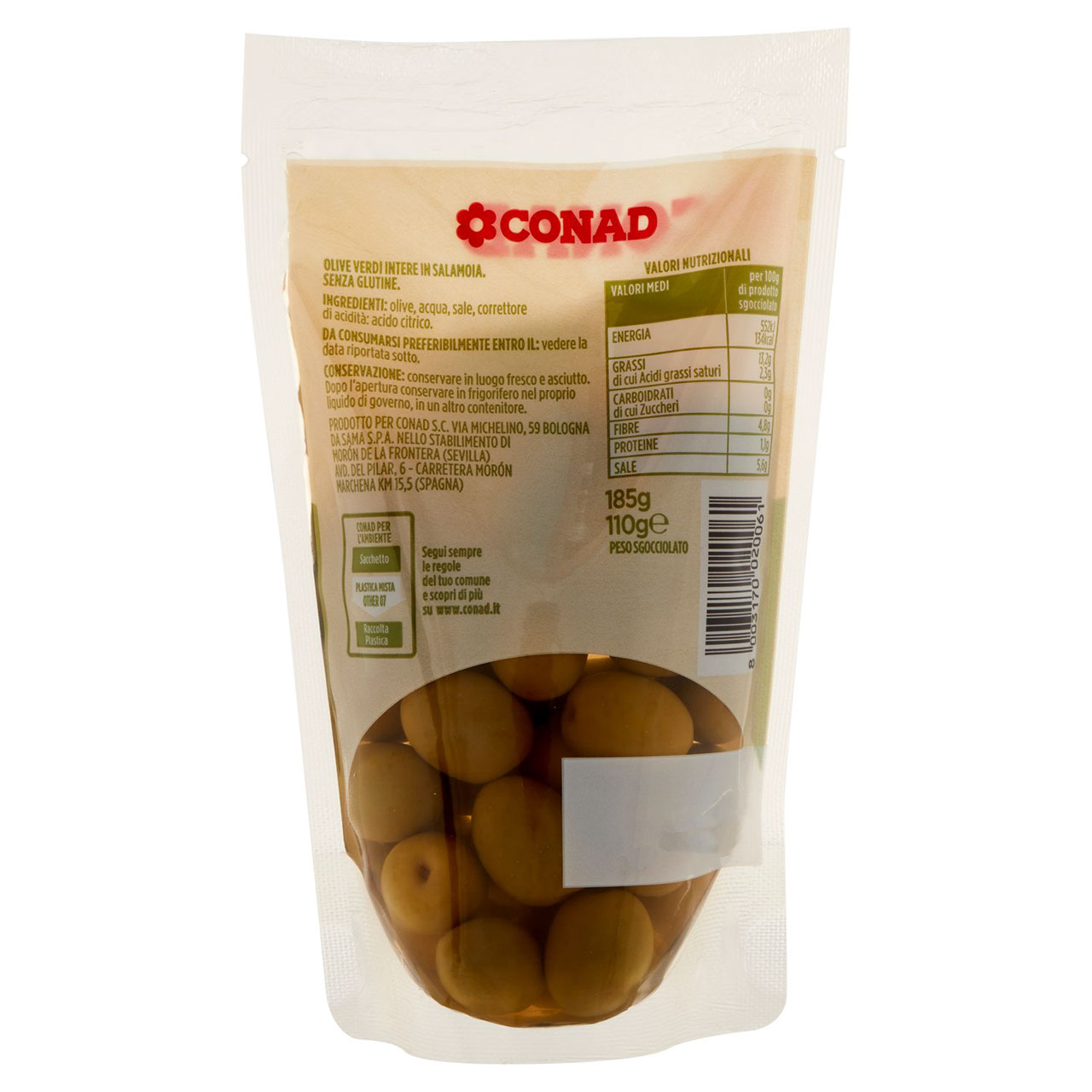 Olive Verdi Intere in Salamoia 185 g Conad