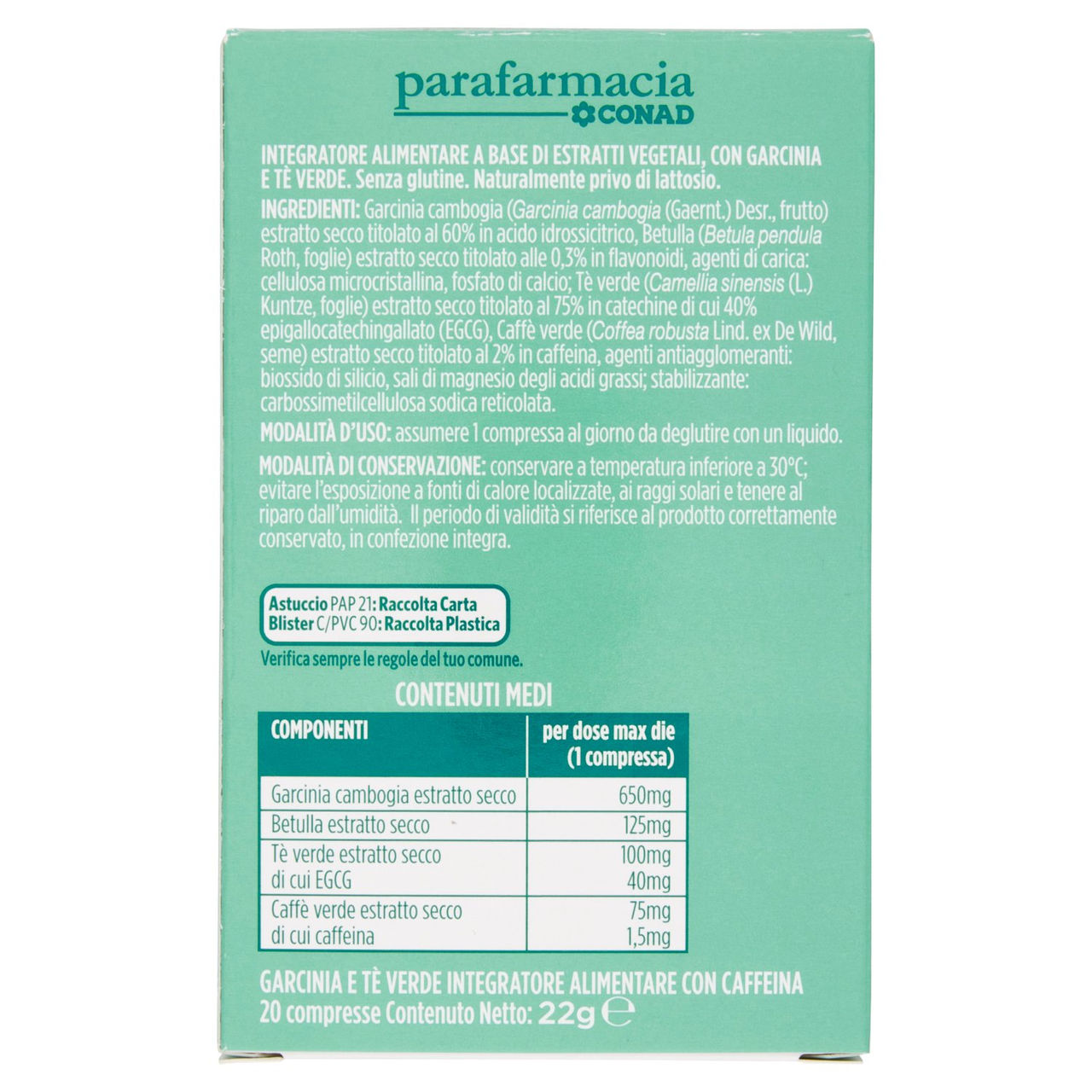 CONAD Parafarmacia Garcinia e Tè Verde 20 Compresse 22 g