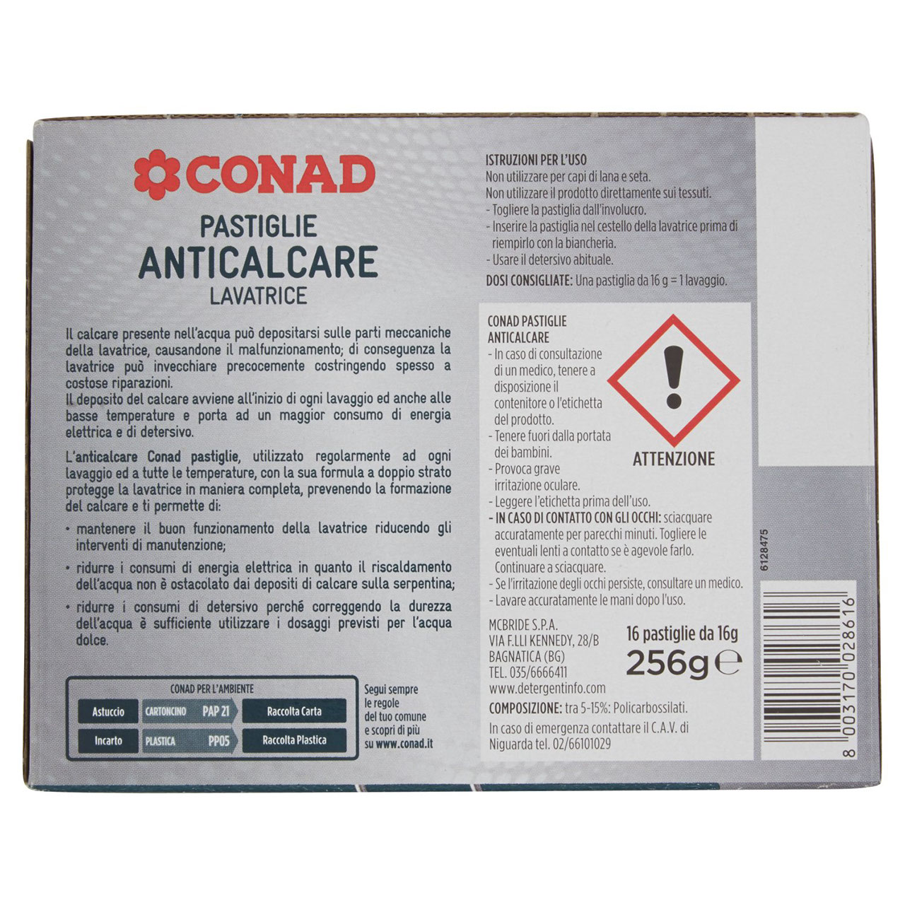 Pastiglie Anticalcare Lavatrice 16 tabs 256g Conad