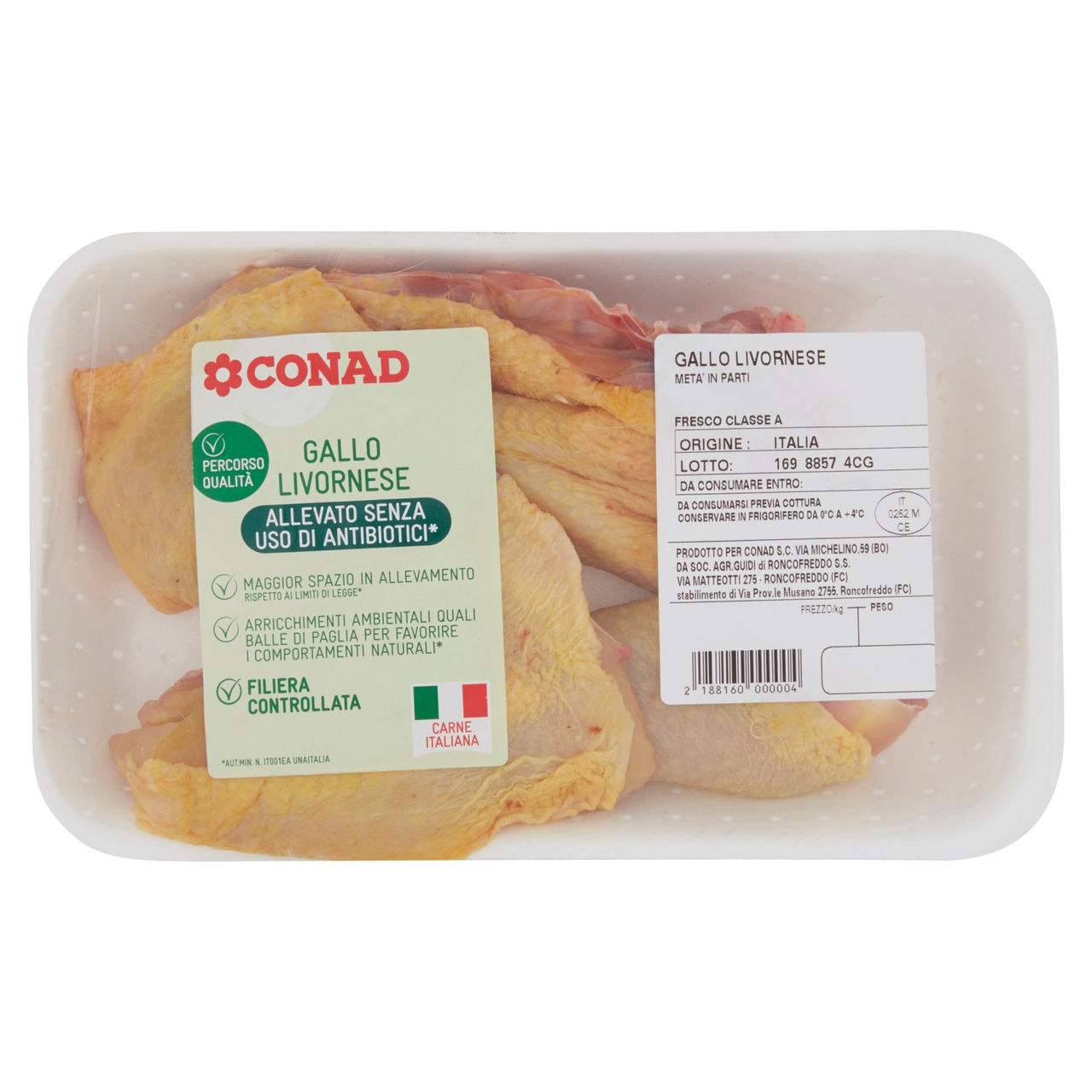 CONAD Percorso Qualità Allevato senza uso di antibiotici Gallo Livornese Metà in Parti