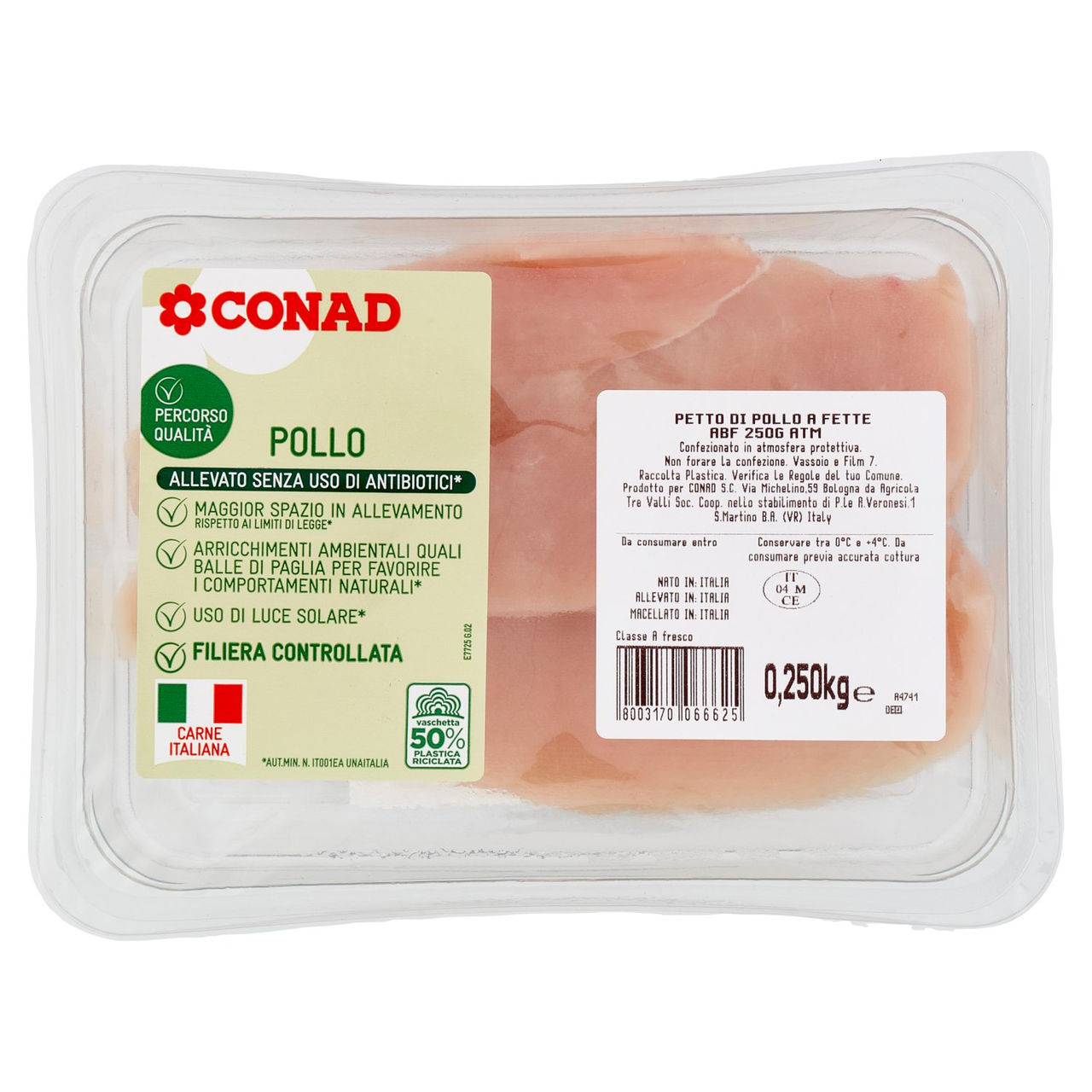 CONAD Percorso Qualità Allevato Senza Uso di Antibiotici Petto di Pollo a Fette 0,250 kg