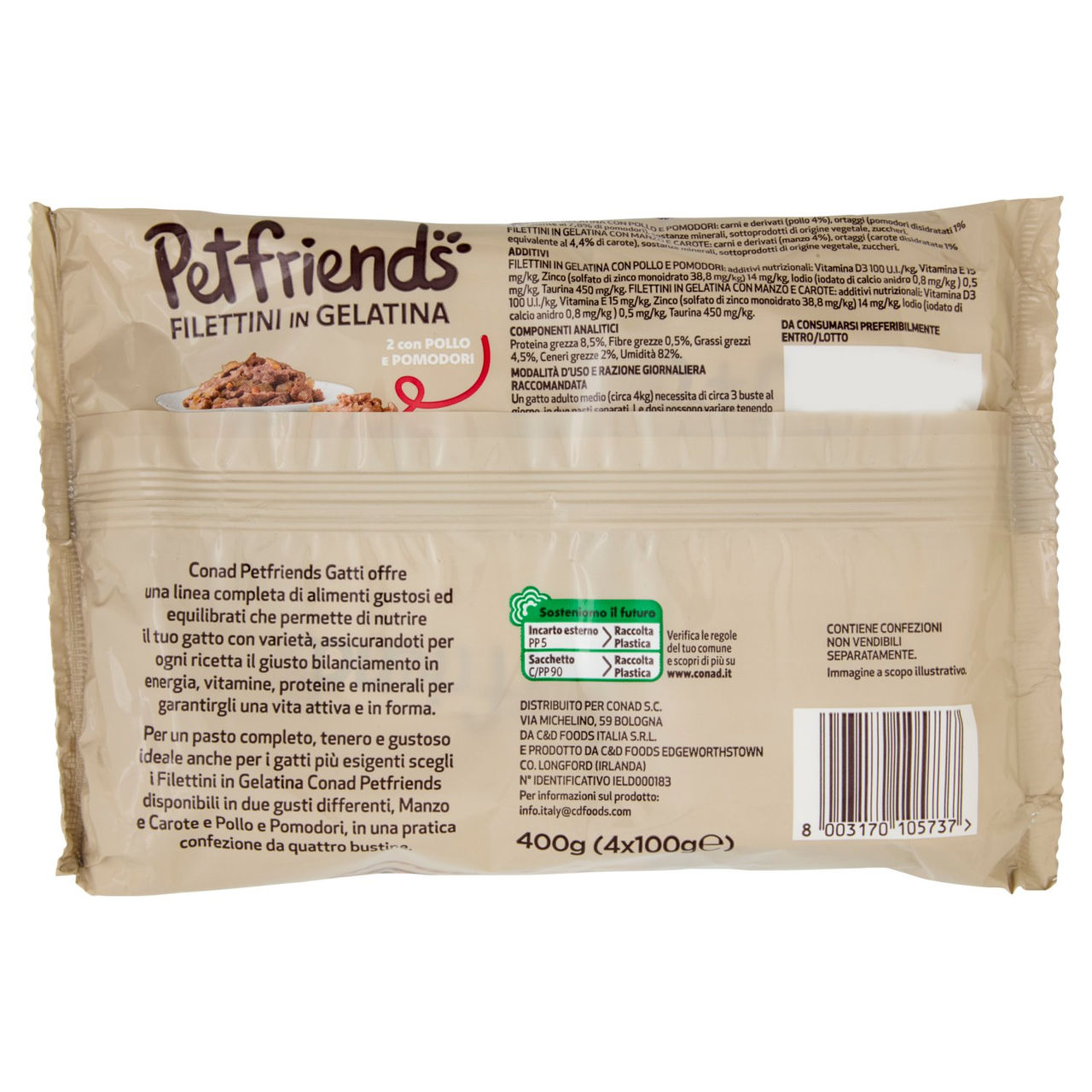 CONAD Petfriends Filettini in Gelatina 2 con Pollo e Pomodori, 2 con Manzo e Carote 4 x 100 g
