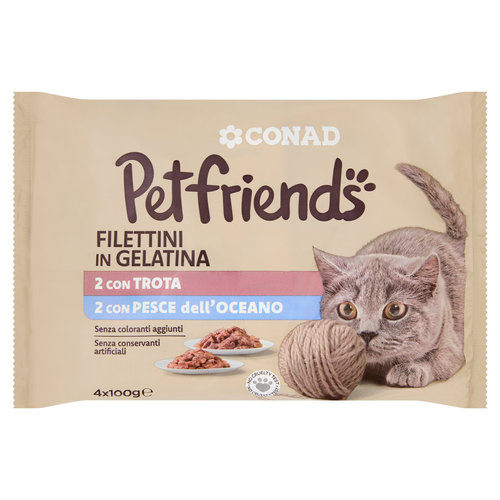CONAD Petfriends Filettini in Gelatina 2 con Trota, 2 con Pesce dell'Oceano 4 x 100 g