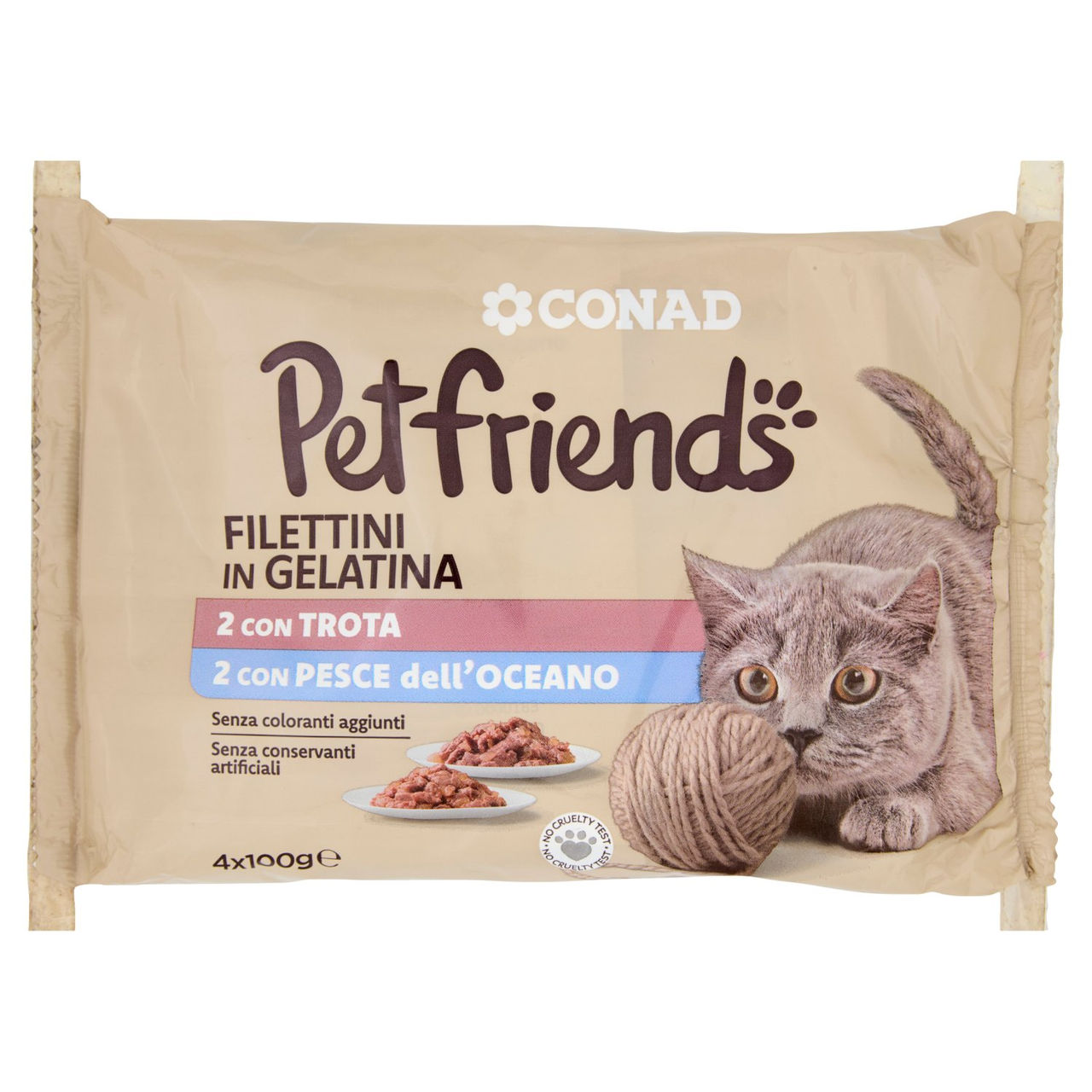 CONAD Petfriends Filettini in Gelatina 2 con Trota, 2 con Pesce dell'Oceano 4 x 100 g