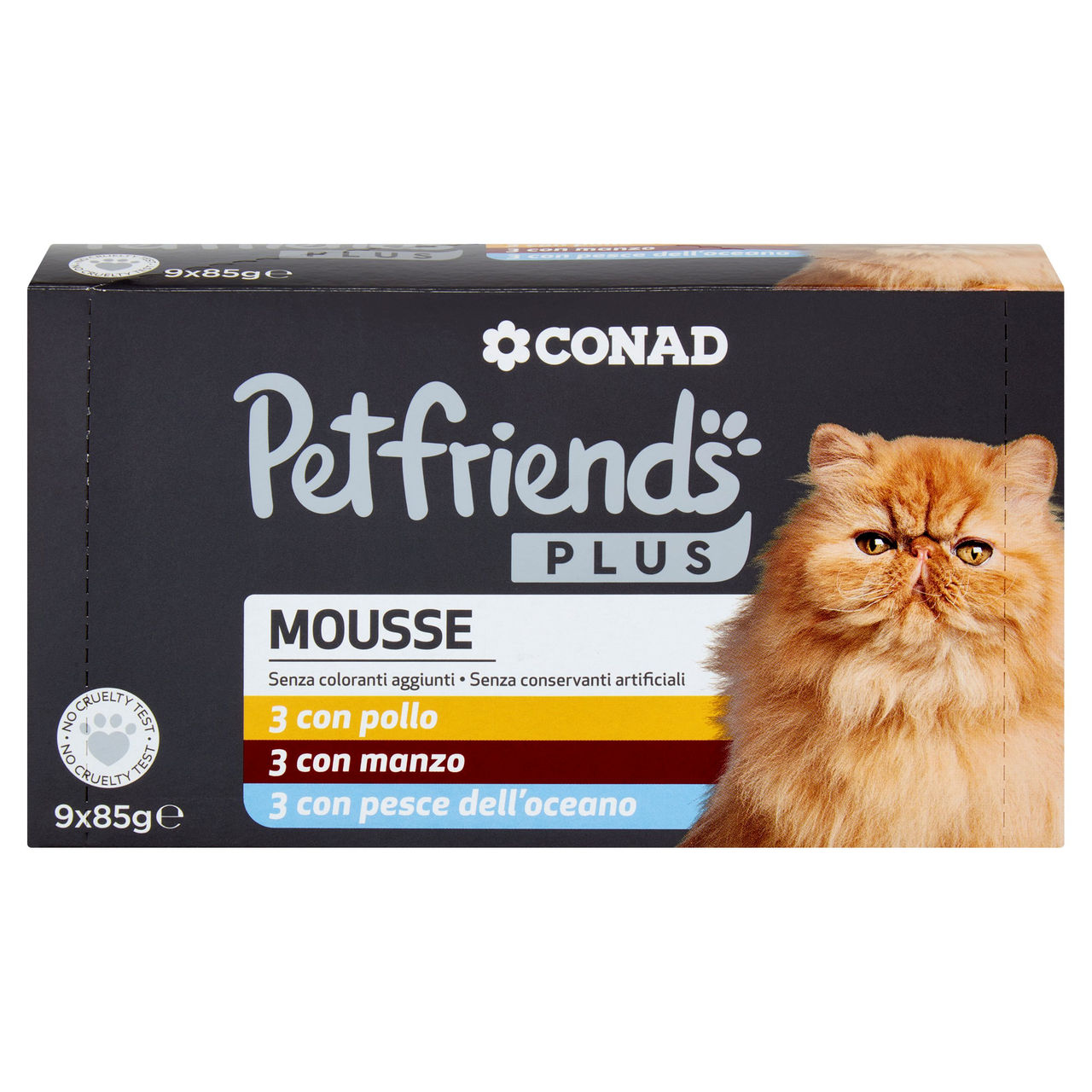 CONAD Petfriends Plus Mousse 3 con pollo, 3 con manzo, 3 con pesce dell'oceano 9 x 85 g