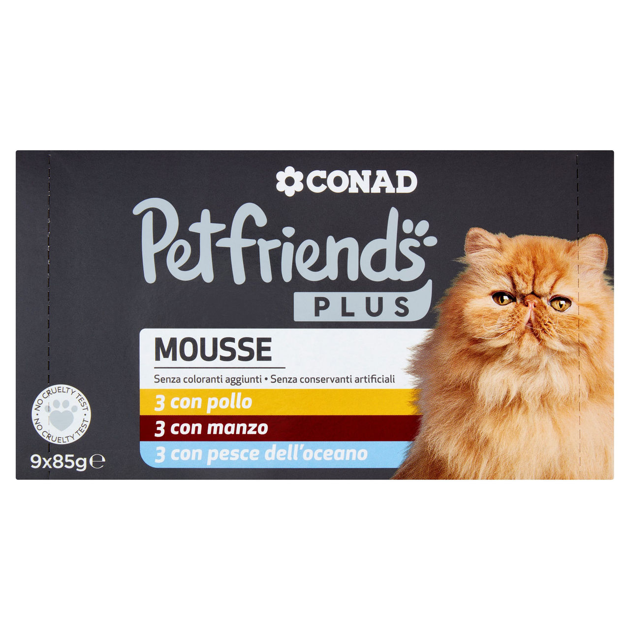 CONAD Petfriends Plus Mousse 3 con pollo, 3 con manzo, 3 con pesce dell'oceano 9 x 85 g