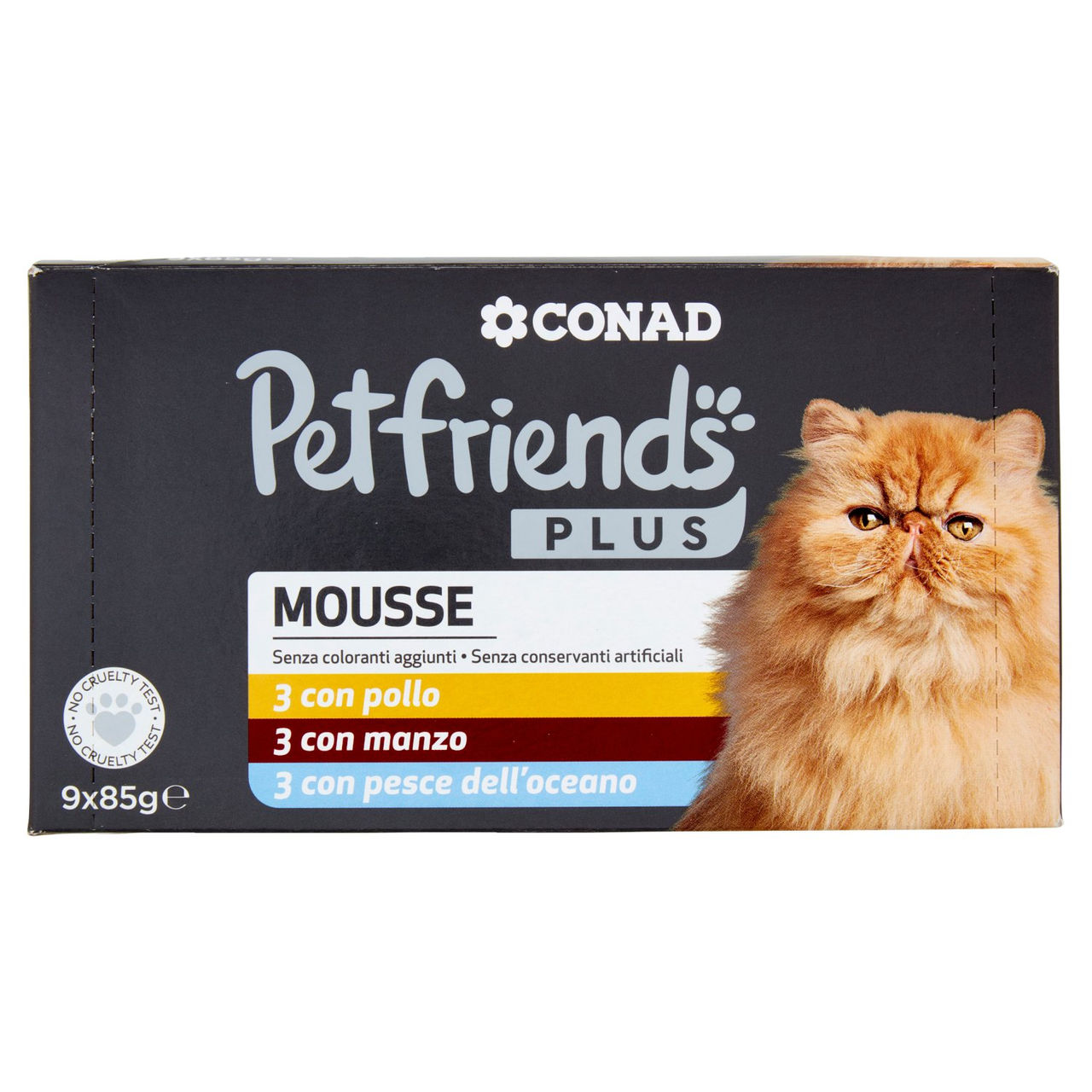 CONAD Petfriends Plus Mousse 3 con pollo, 3 con manzo, 3 con pesce dell'oceano 9 x 85 g