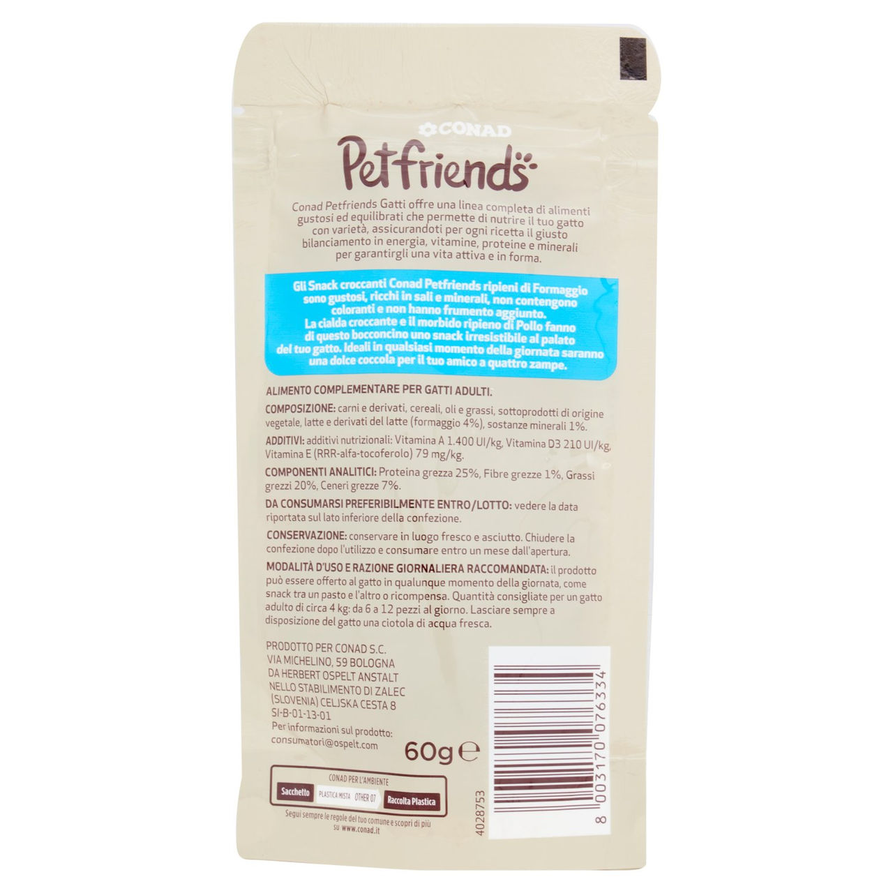 CONAD Petfriends Snack Croccanti ripieni di Formaggio 60 g