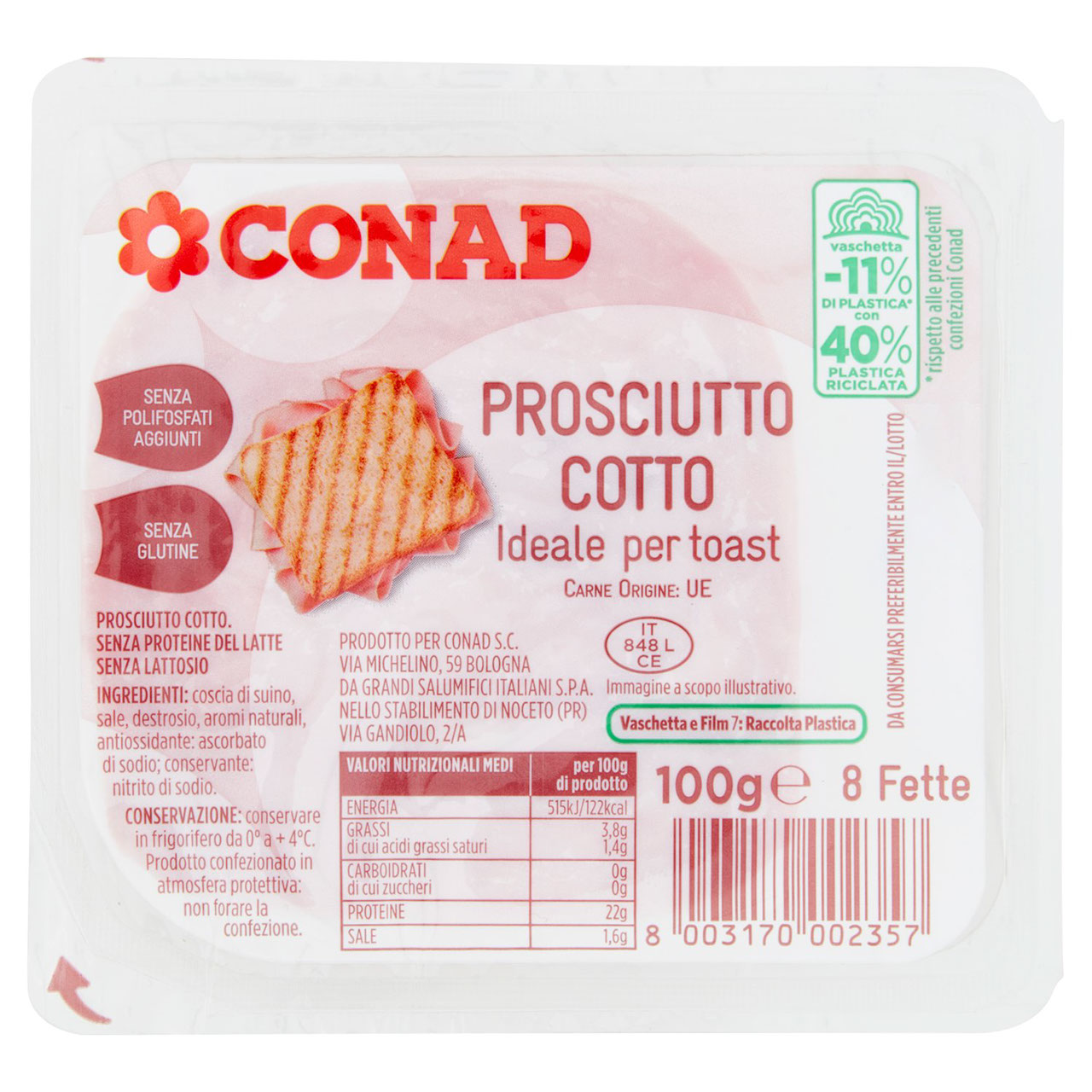 Prosciutto Cotto Senza Lattosio 100 g Conad