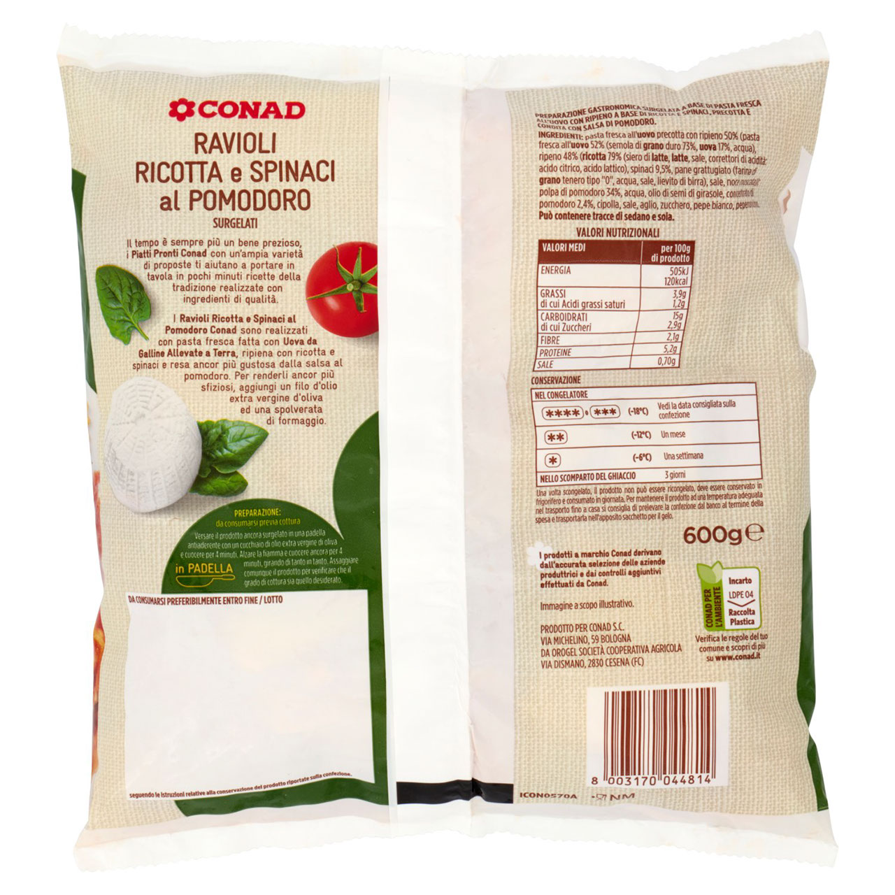 Ravioli Ricotta e Spinaci al Pomodoro 600g Conad