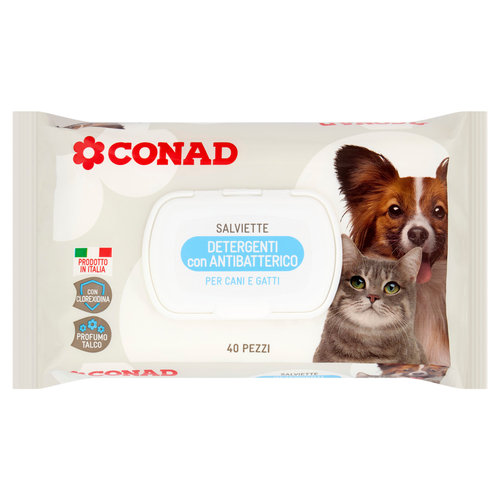 CONAD Salviette Detergenti con Antibatterico per Cani e Gatti 40 pz