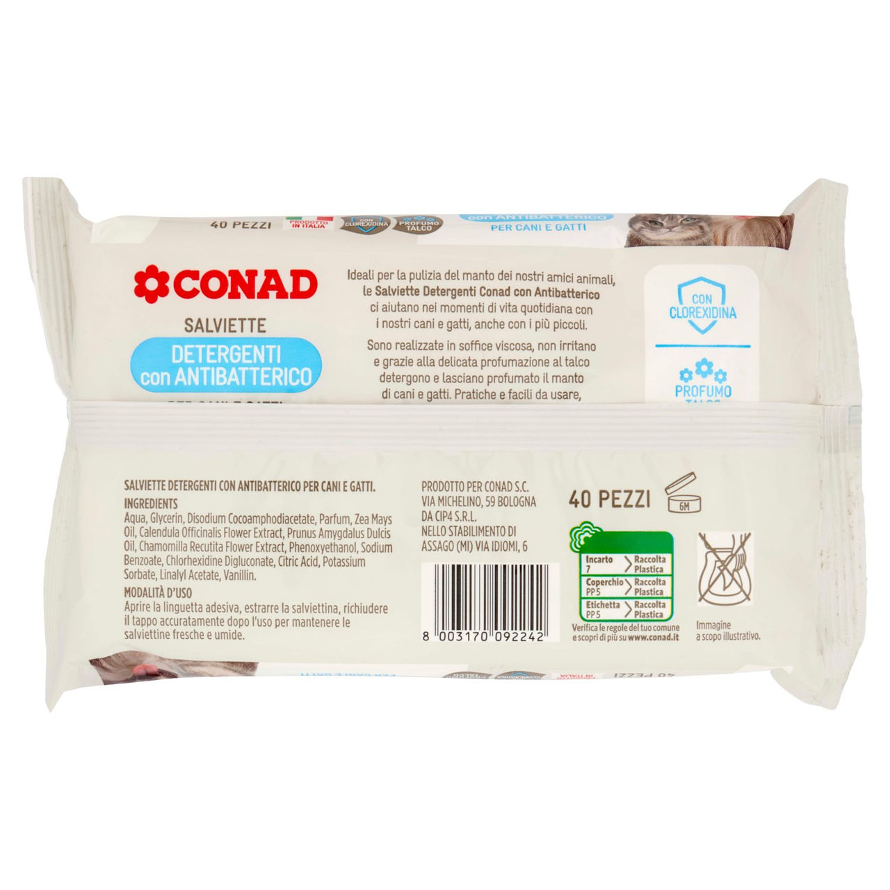 CONAD Salviette Detergenti con Antibatterico per Cani e Gatti 40 pz