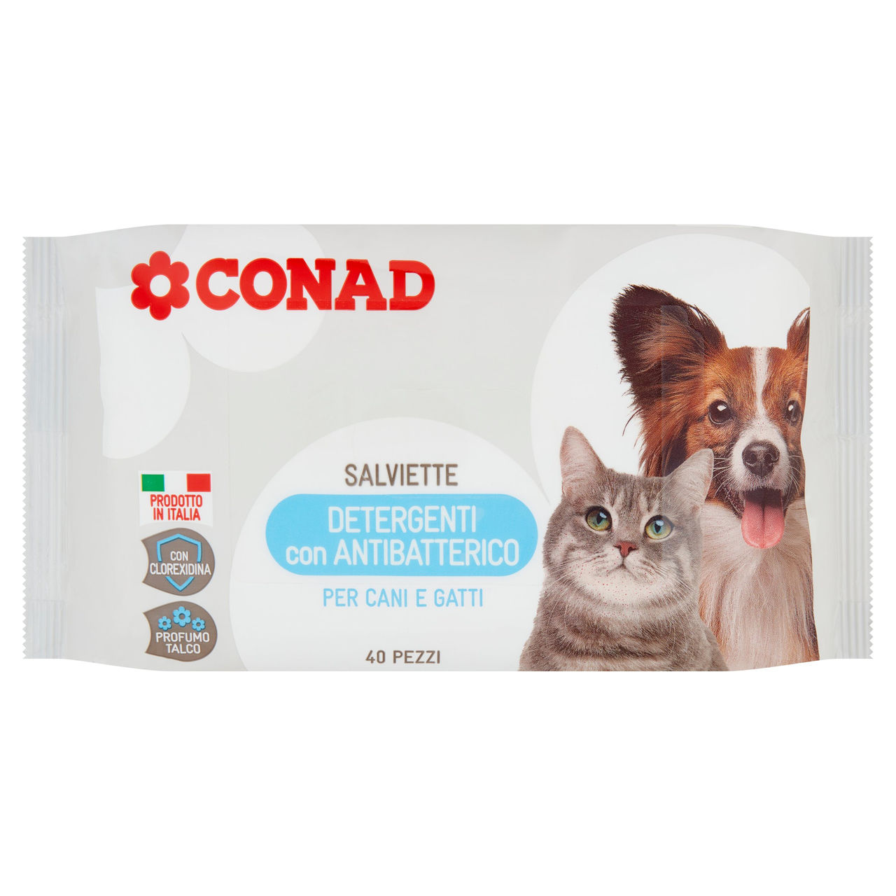 CONAD Salviette Detergenti con Antibatterico per Cani e Gatti Profumo Talco 40 pz