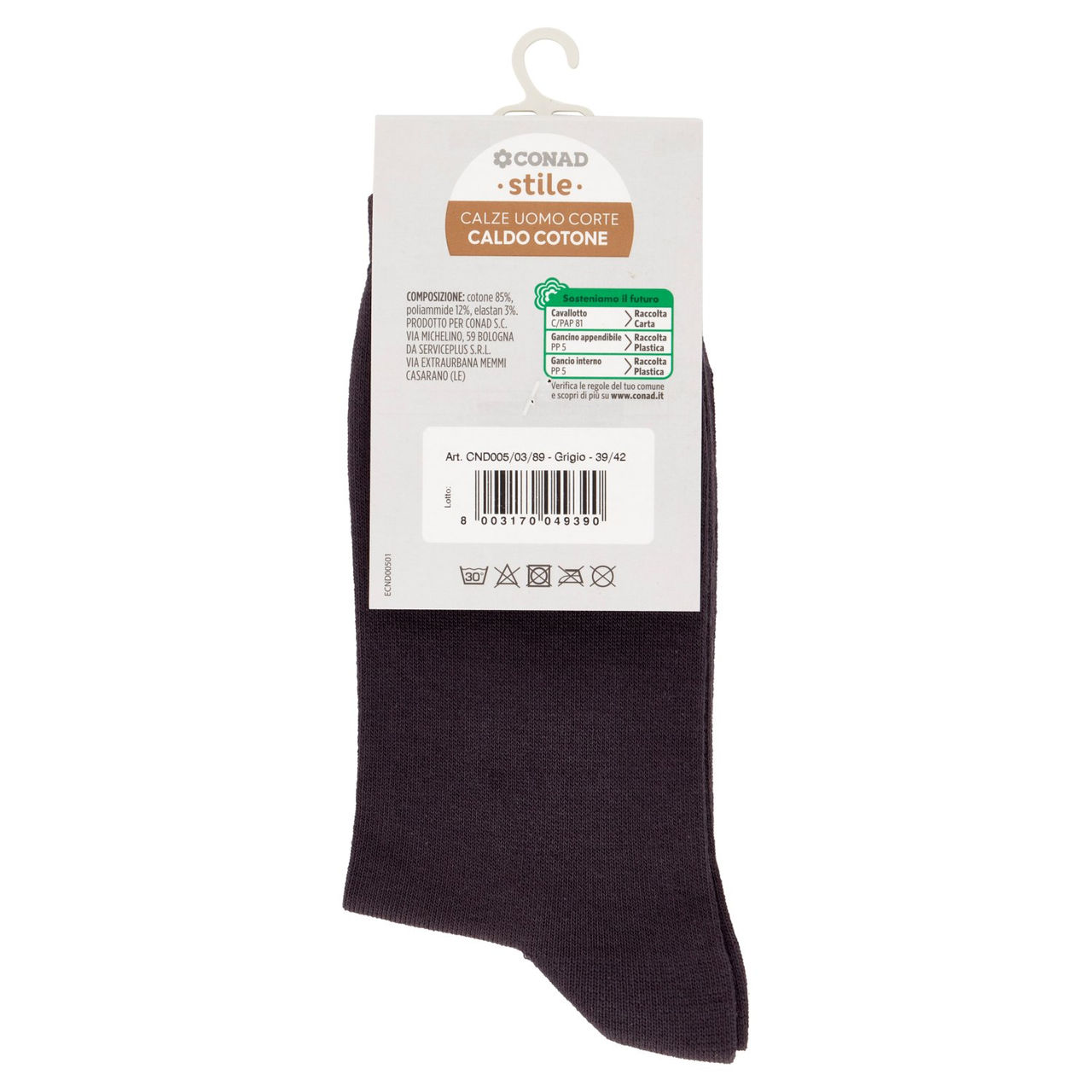 CONAD stile Calze Uomo Corte Caldo Cotone Taglia 39/42 Grigio 1 Paio