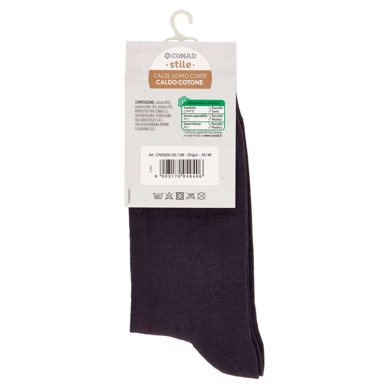 CONAD stile Calze Uomo Corte Caldo Cotone Taglia 43/46 Grigio 1 Paio