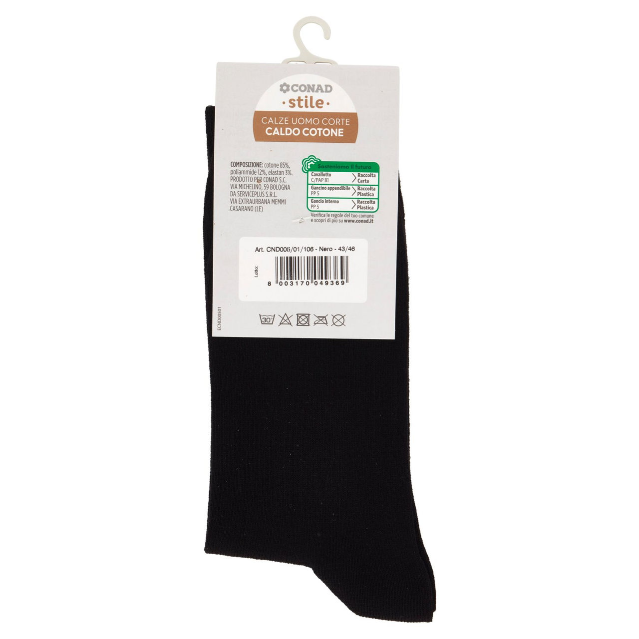 CONAD stile Calze Uomo Corte Caldo Cotone Taglia 43/46 Nero 1 Paio