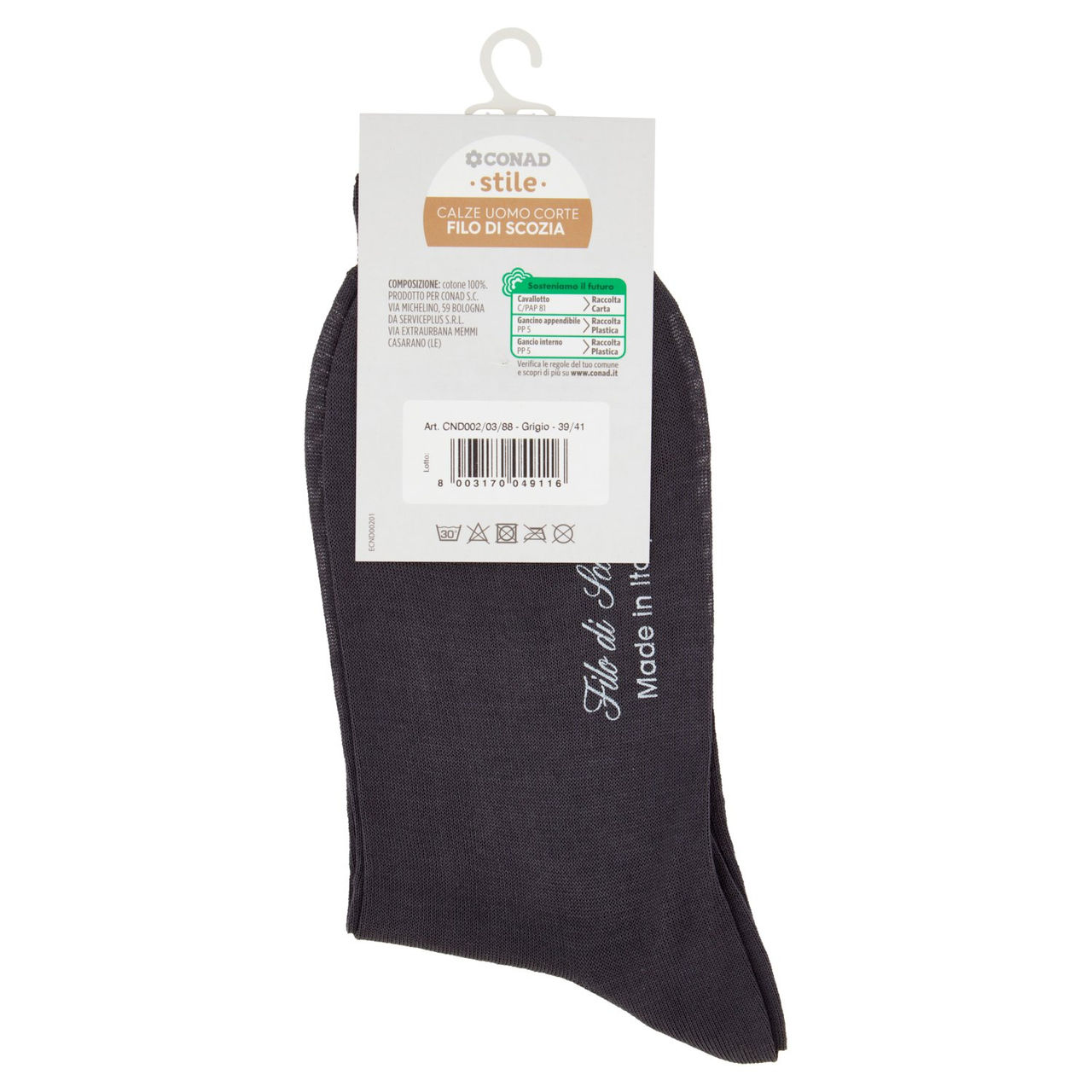 CONAD stile Calze Uomo Corte Filo di Scozia Taglia 39/41 Grigio 1 Paio