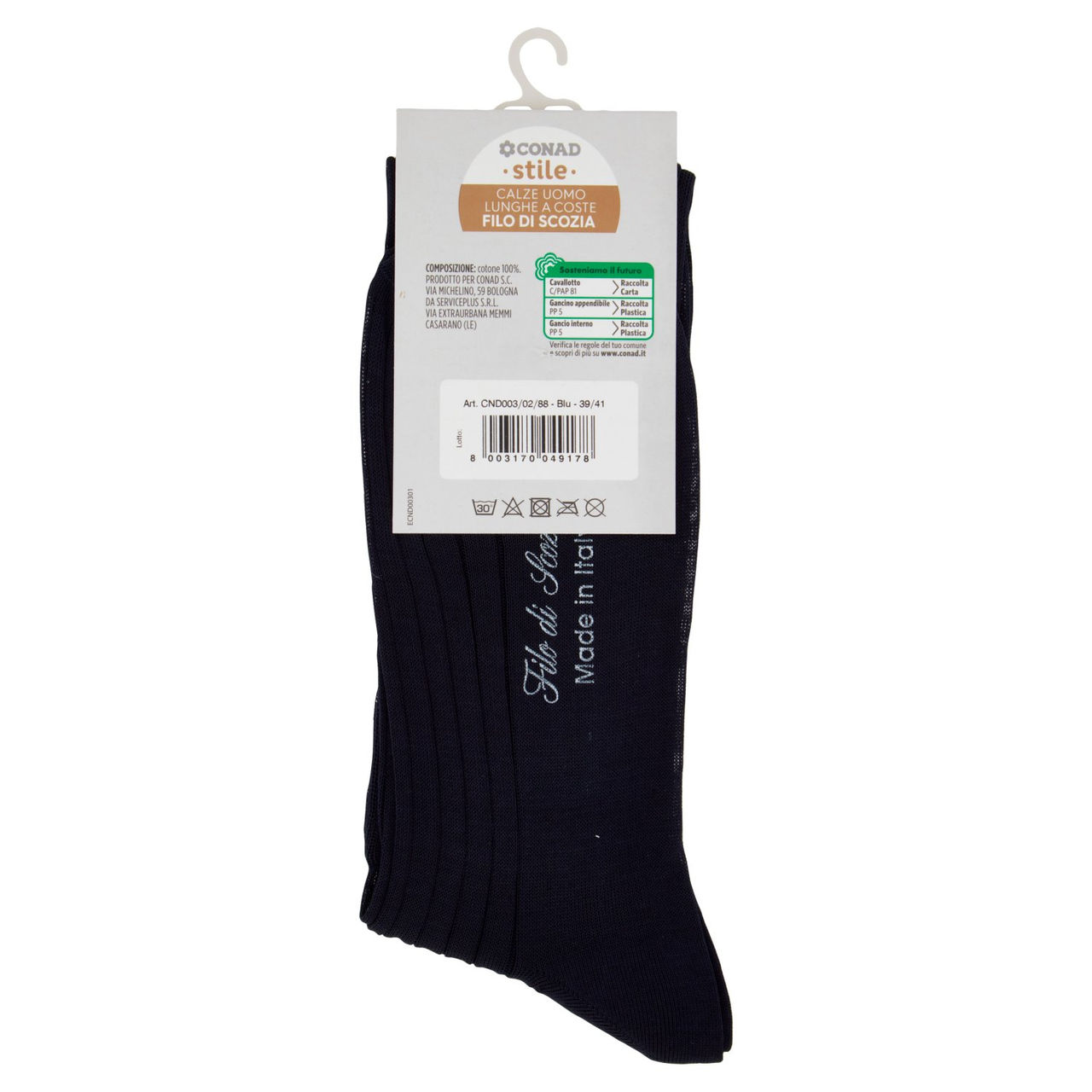 CONAD stile Calze Uomo Lunghe a Coste Filo di Scozia Taglia 39/41 Blu 1 Paio