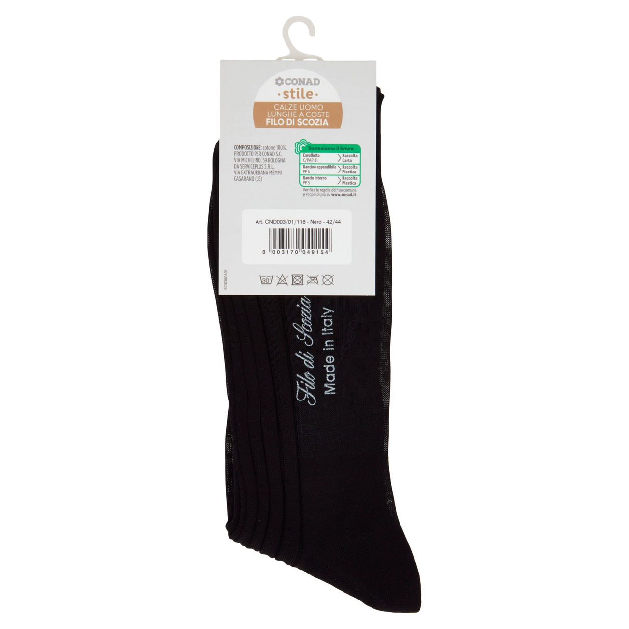 CONAD stile Calze Uomo Lunghe a Coste Filo di Scozia Taglia 42/44 Nero 1 Paio