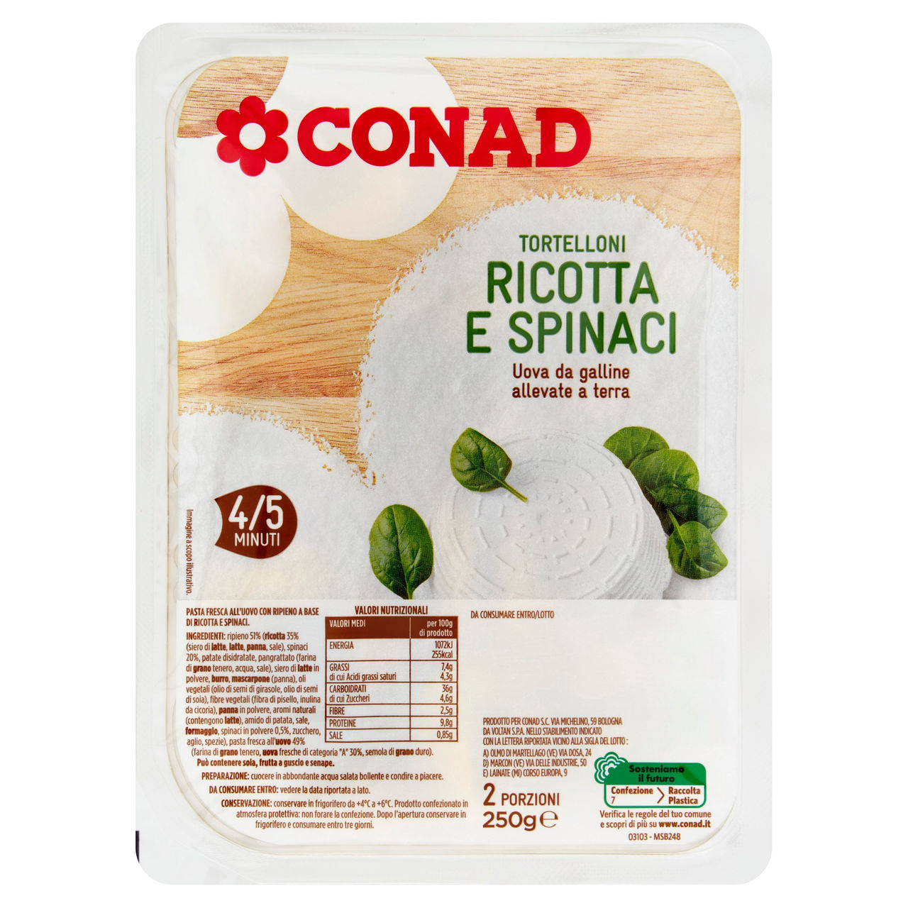 Tortelloni con Ricotta e Spinaci 250 g Conad