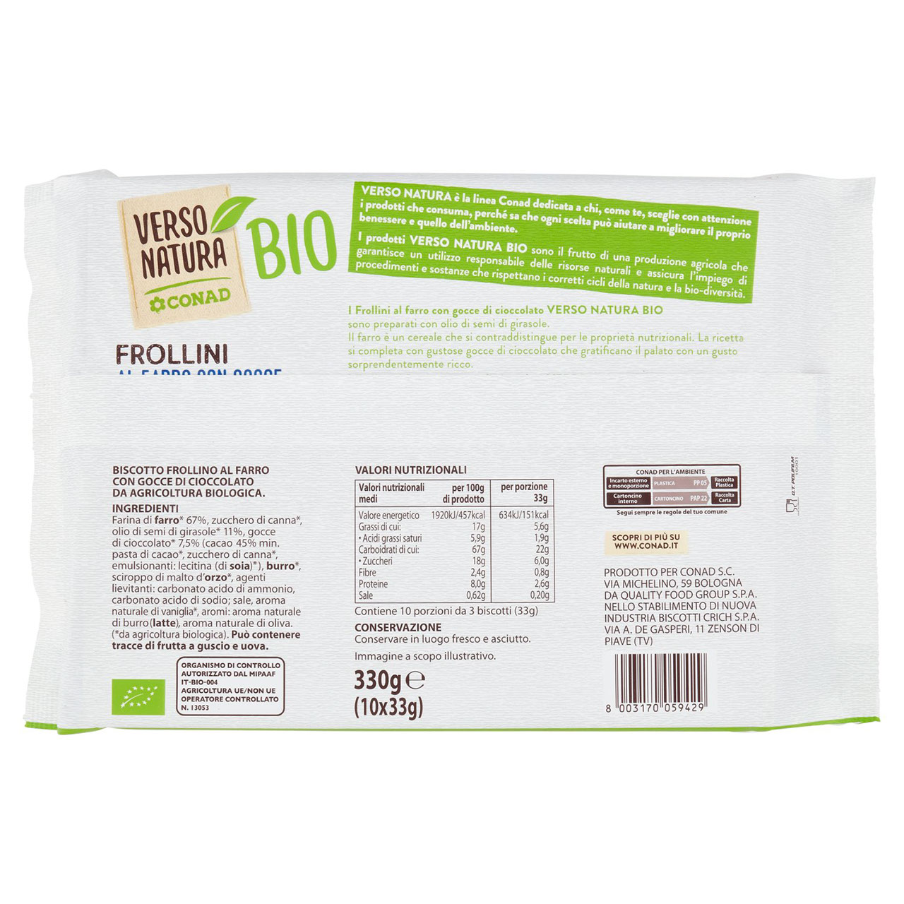 Bio Frollini Farro e Cioccolato 10x33g Conad