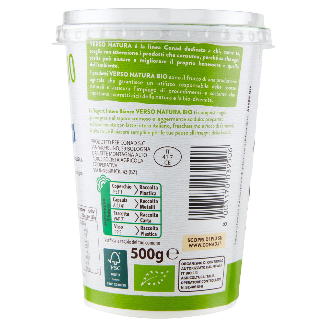 Yogurt Bianco Biologico Intero 500 g Conad online