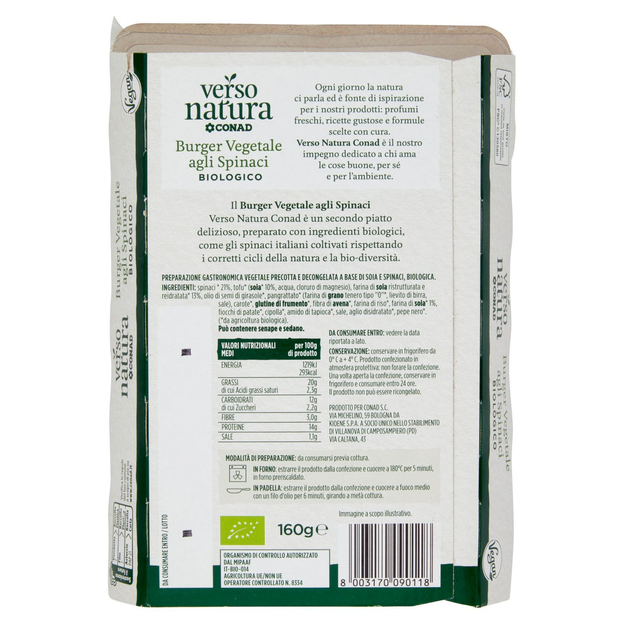 CONAD VERSO NATURA Burger Vegetale agli Spinaci Biologico 2 Burger 160 g