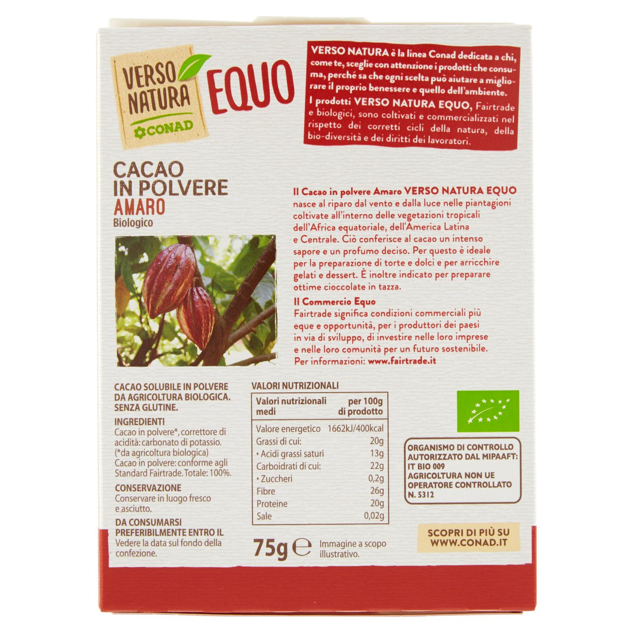 Cacao Amaro in Polvere Biologico g 75 Conad
