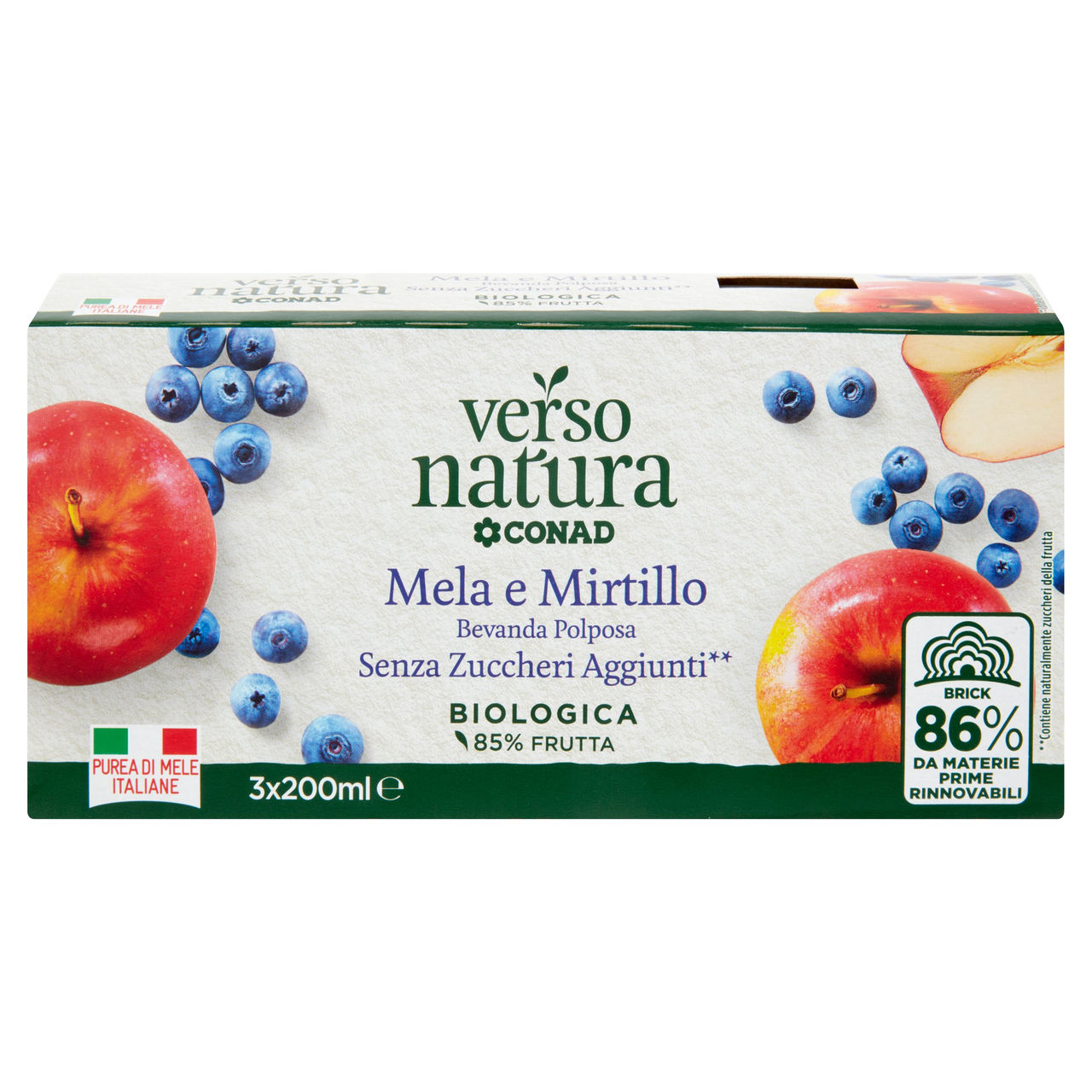 CONAD VERSO NATURA Mela e Mirtillo Bevanda Polposa Senza Zuccheri Aggiunti** Biologica 3 x 200 ml