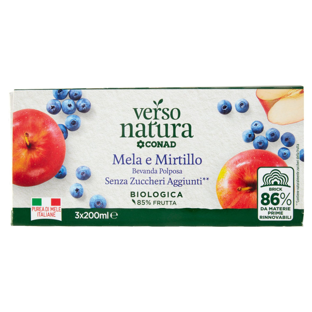 CONAD VERSO NATURA Mela e Mirtillo Bevanda Polposa Senza Zuccheri Aggiunti** Biologica 3 x 200 ml