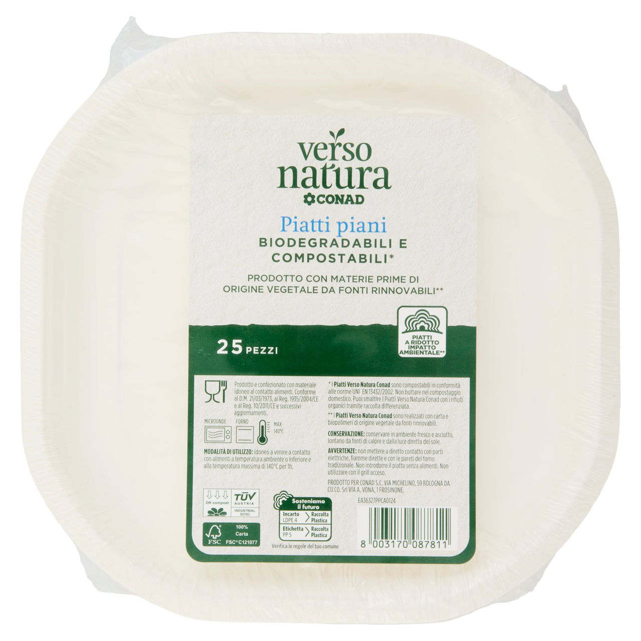 CONAD VERSO NATURA Piatti piani Biodegradabili e Compostabili* 25 pz