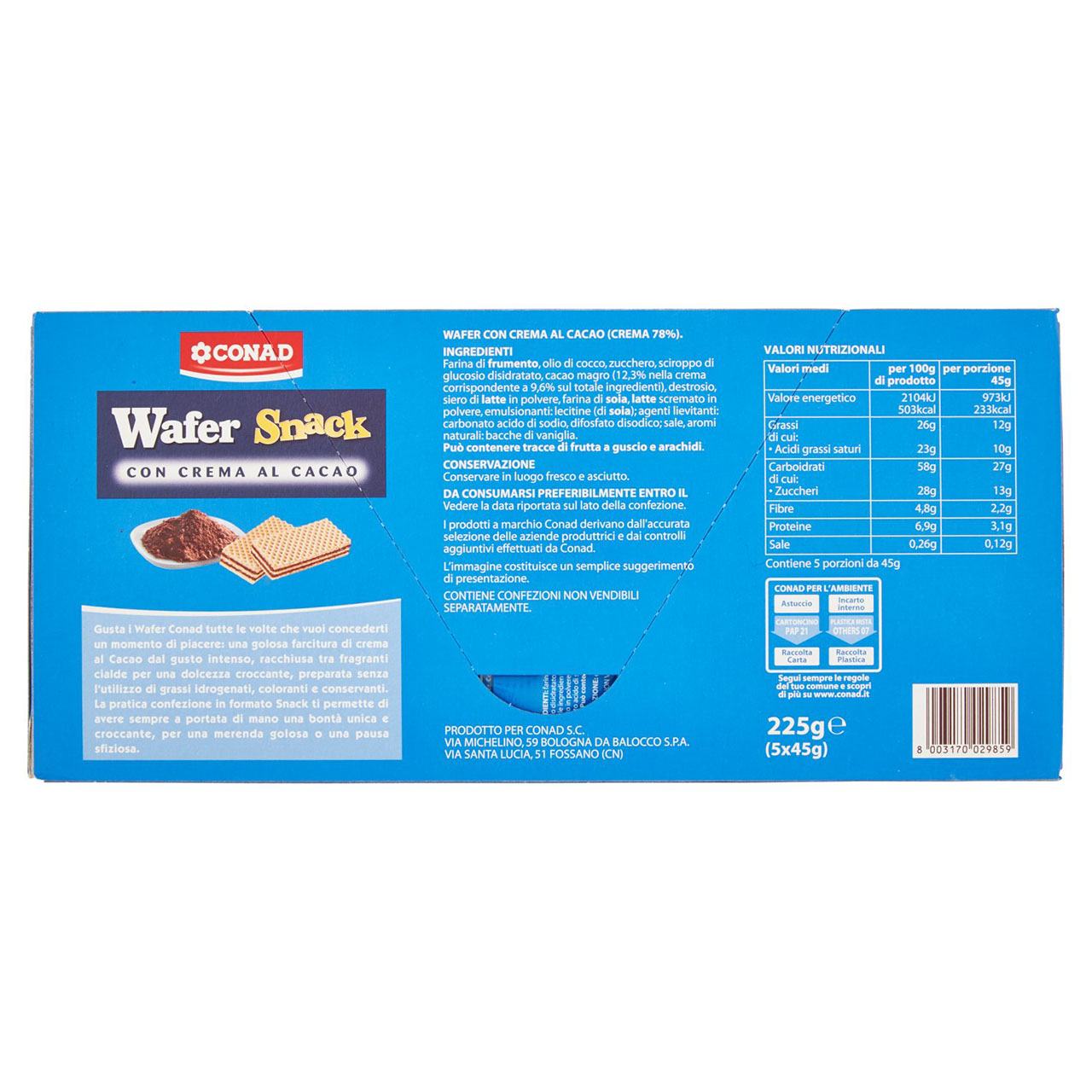 Wafer Snack con Crema al Cacao 225 g Conad online