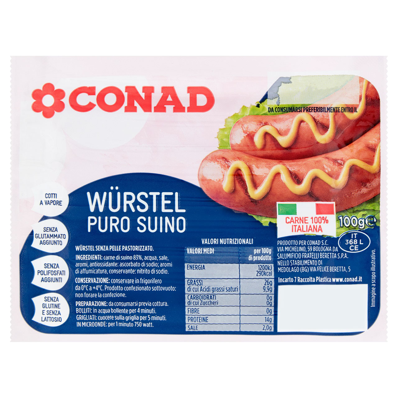 Würstel Puro Suino 100 g Conad in vendita online