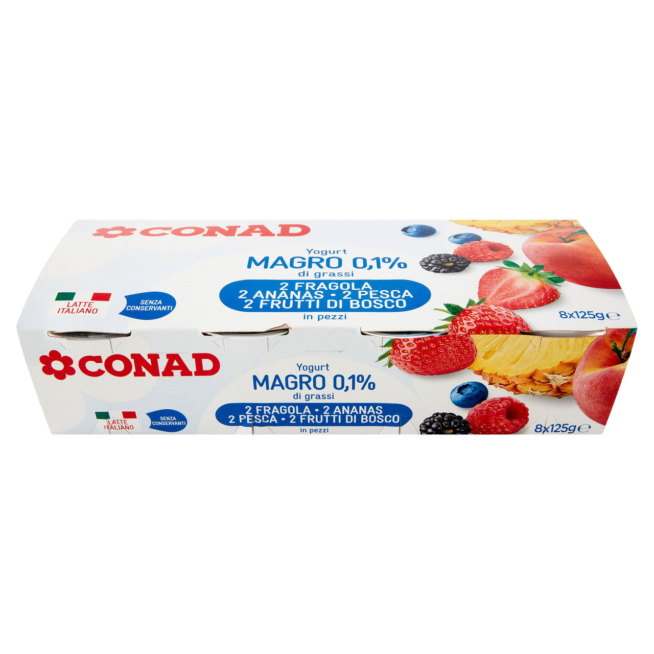 CONAD Yogurt Magro 0,1% di grassi 2 Fragola 2 Ananas 2 Pesca 2 Frutti di Bosco in pezzi 8 x 125 g