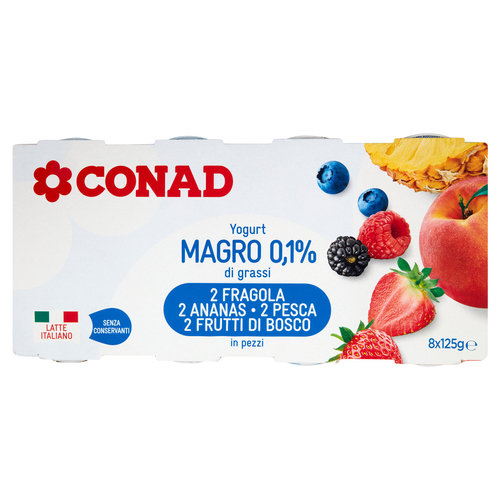 CONAD Yogurt Magro 0,1% di grassi 2 Fragola 2 Ananas 2 Pesca 2 Frutti di Bosco in pezzi 8 x 125 g