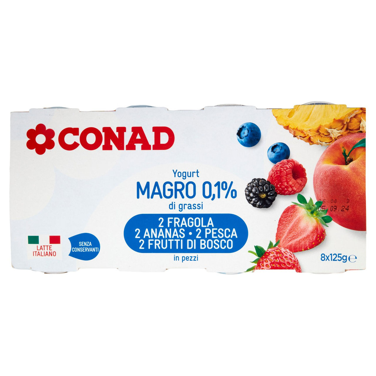 CONAD Yogurt Magro 0,1% di grassi 2 Fragola 2 Ananas 2 Pesca 2 Frutti di Bosco in pezzi 8 x 125 g