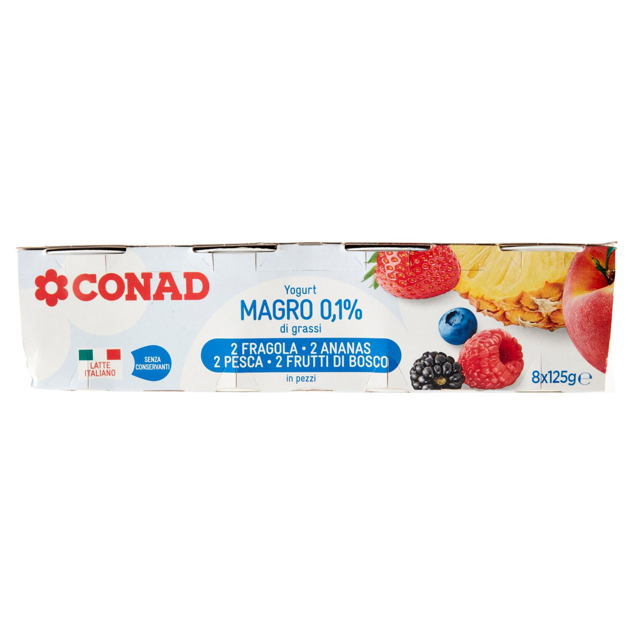 CONAD Yogurt Magro 0,1% di grassi 2 Fragola 2 Ananas 2 Pesca 2 Frutti di Bosco in pezzi 8 x 125 g