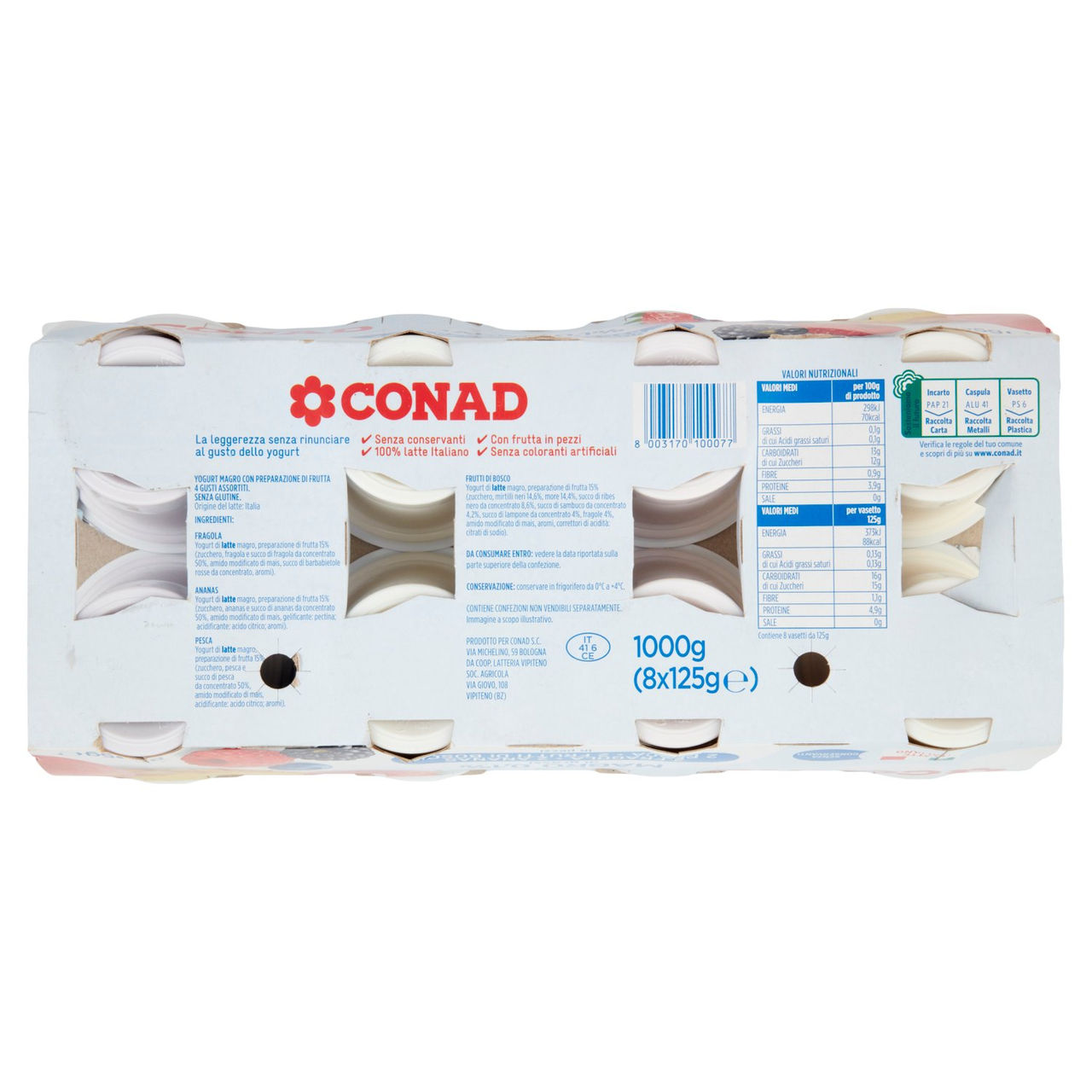 CONAD Yogurt Magro 0,1% di grassi 2 Fragola 2 Ananas 2 Pesca 2 Frutti di Bosco in pezzi 8 x 125 g