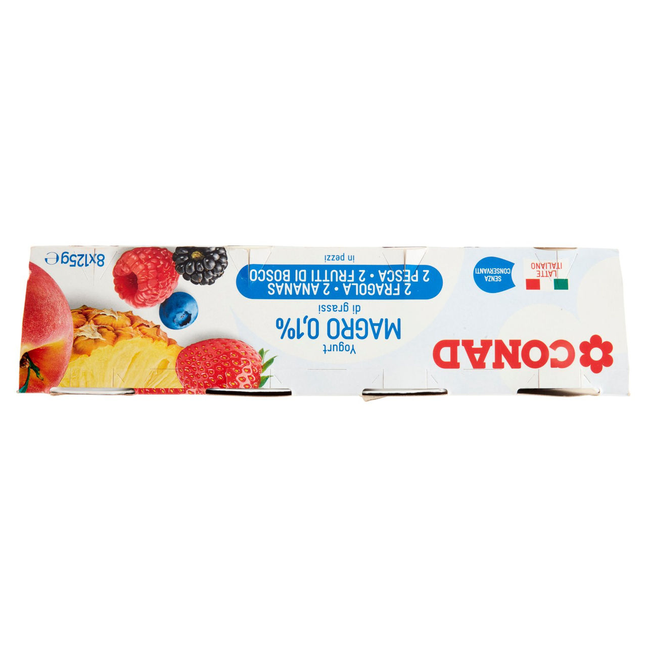 CONAD Yogurt Magro 0,1% di grassi 2 Fragola 2 Ananas 2 Pesca 2 Frutti di Bosco in pezzi 8 x 125 g