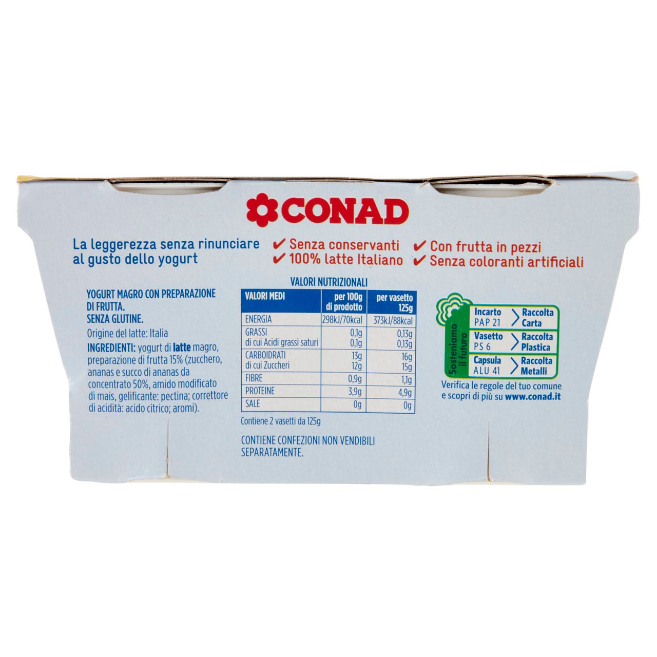 CONAD Yogurt Magro 0,1% di grassi Ananas in pezzi 2 x 125 g