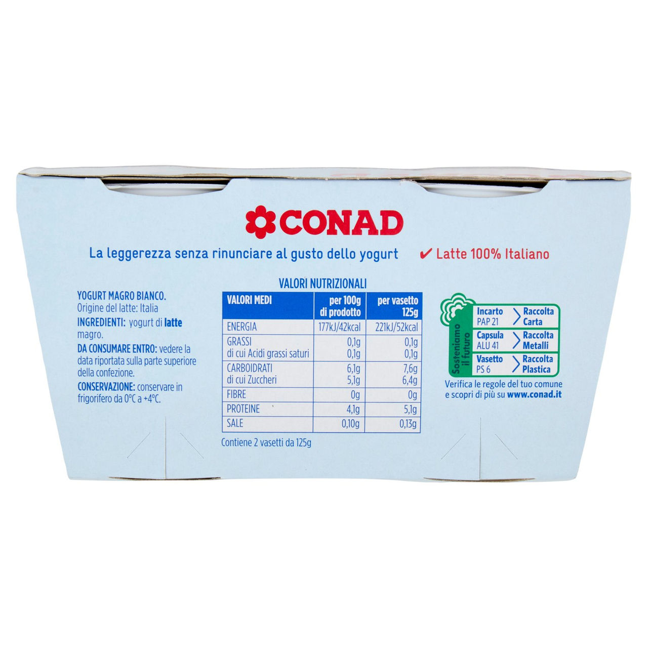 CONAD Yogurt Magro 0,1% di grassi Bianco 2 x 125 g
