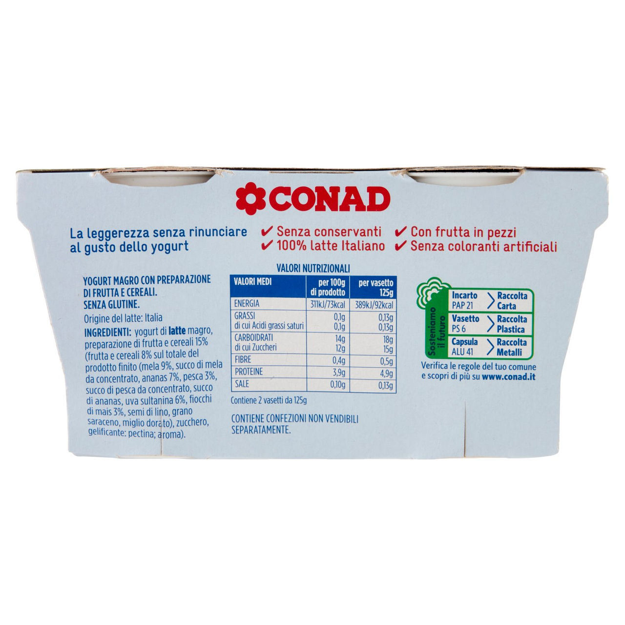 CONAD Yogurt Magro 0,1% di grassi Cereali e Frutta in pezzi 2 x 125 g