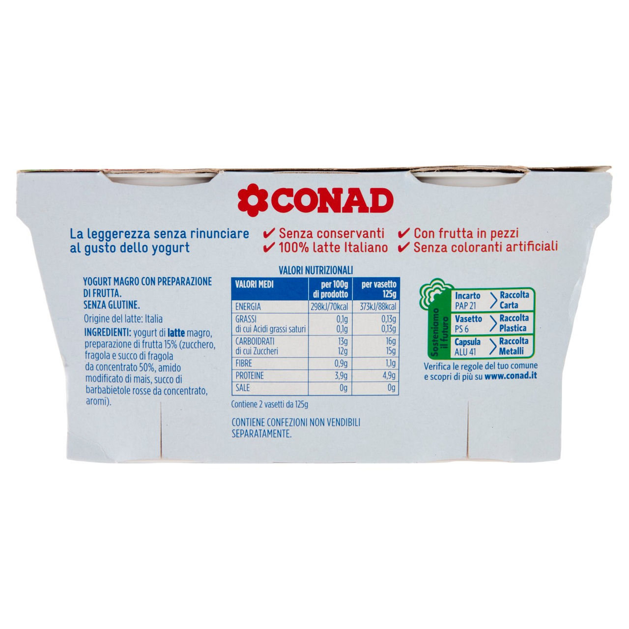 CONAD Yogurt Magro 0,1% di grassi Fragola in pezzi 2 x 125 g